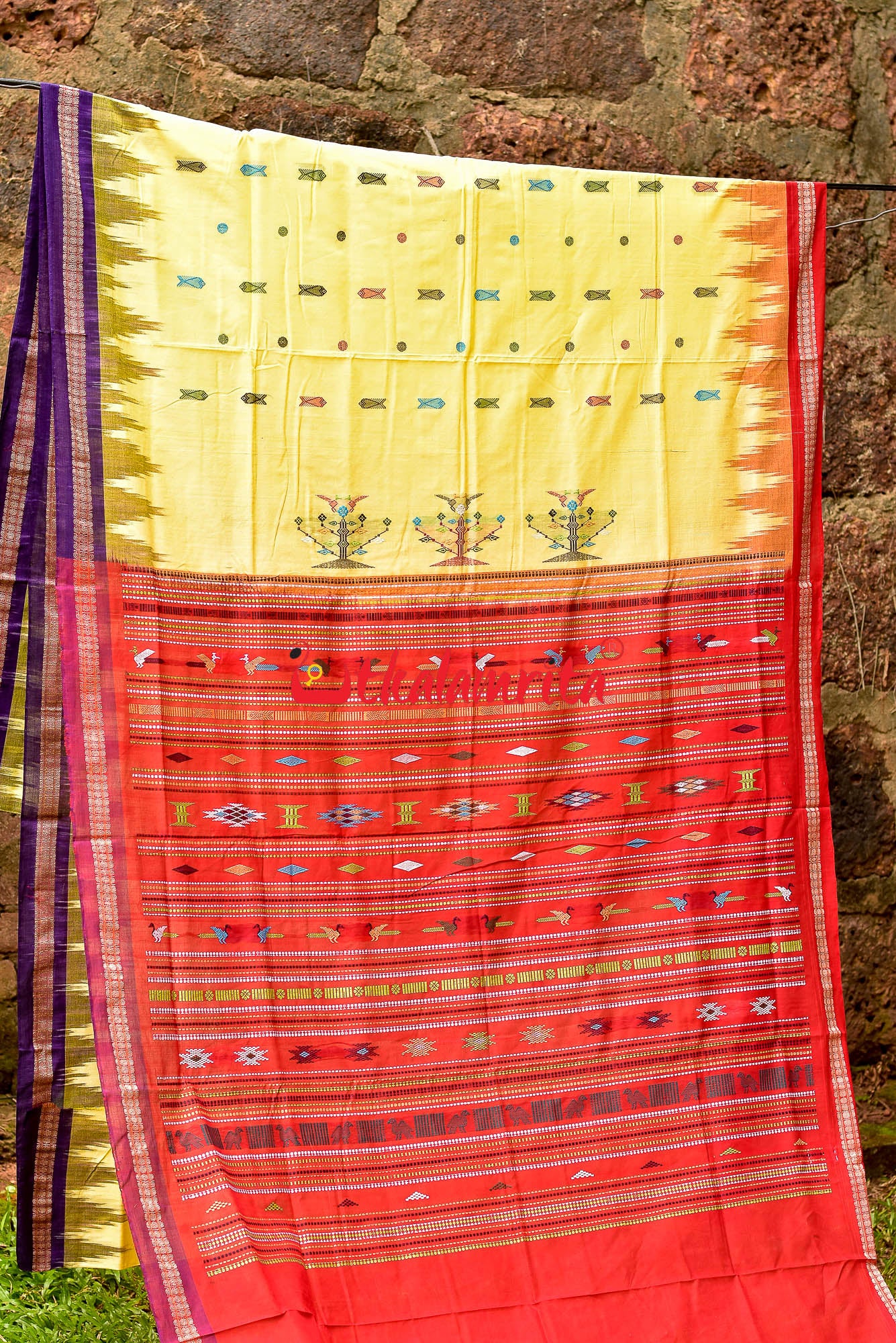 Soft Yellow Red Purple Bomkai Cotton Saree
