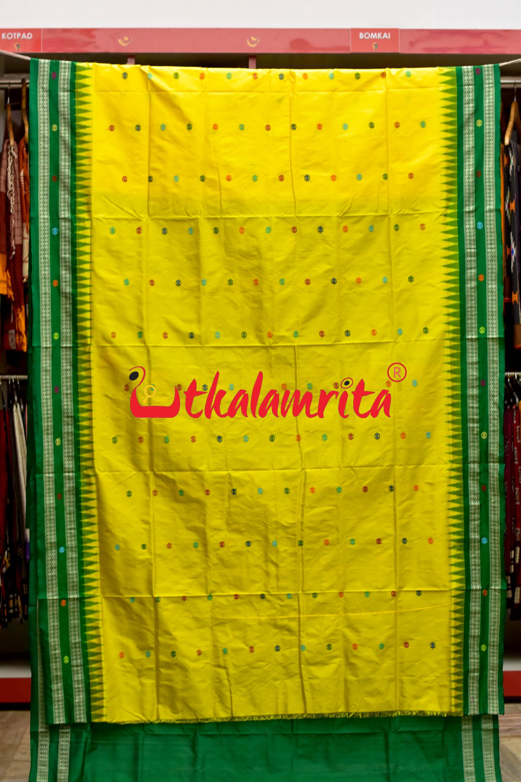 Nilachakra Yellow Green Bomkai Silk Saree