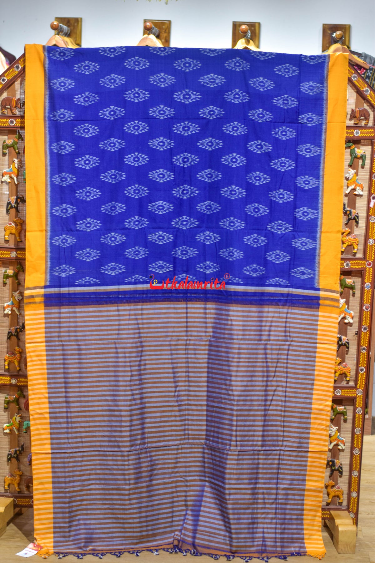 Punji Phula Blue Yellow Maniabandha Cotton Saree