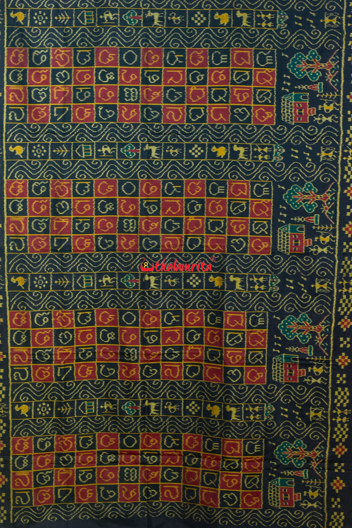 Black Half Half Odia Letters Sambalpuri Cotton Saree