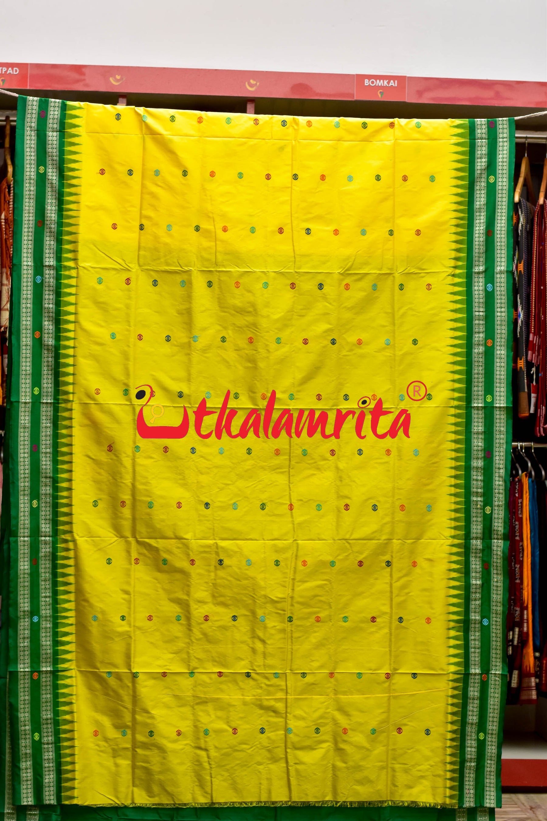 Nilachakra Yellow Green Bomkai Silk Saree