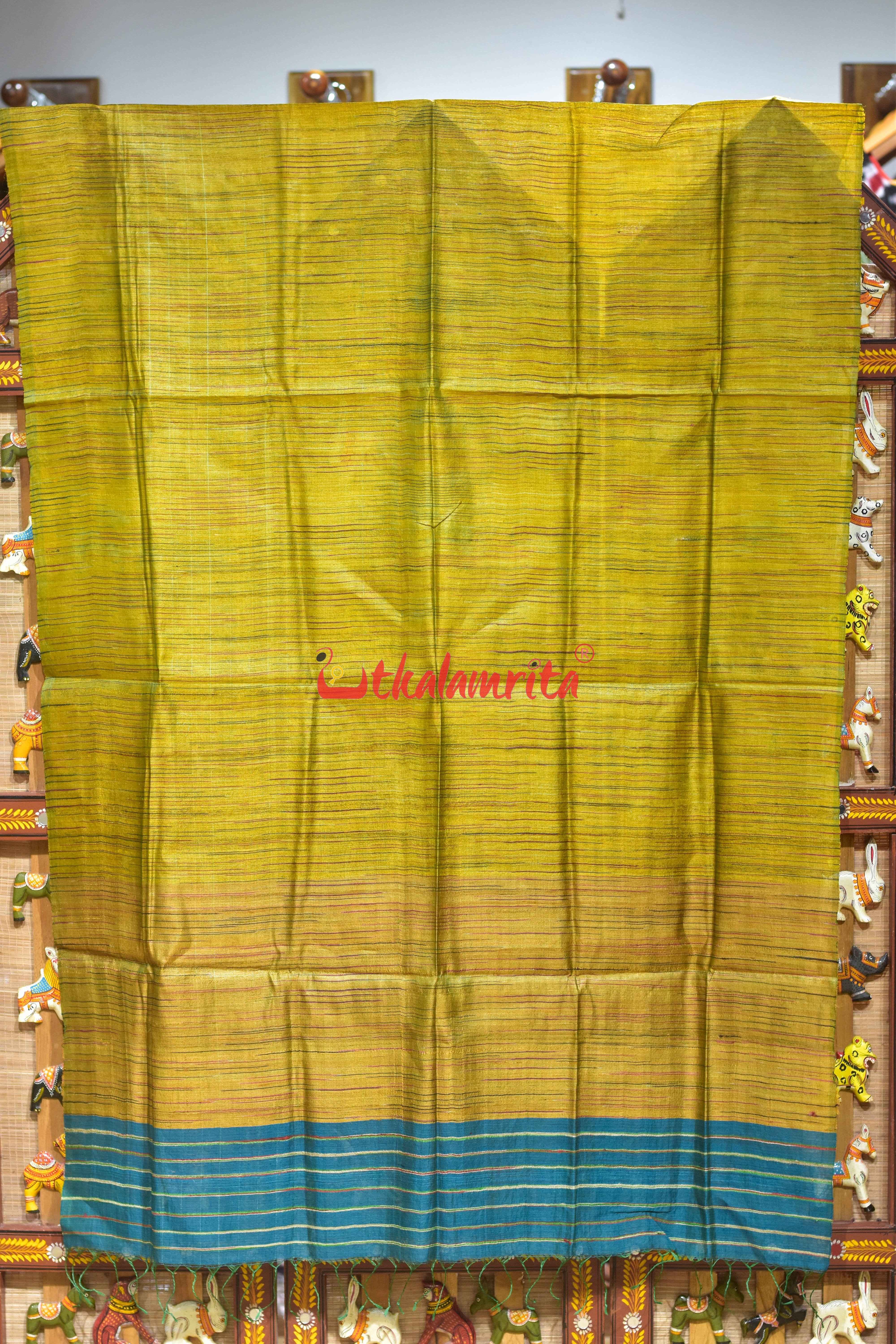 Golden Teal Border Fine Tussar Silk (Dupatta)