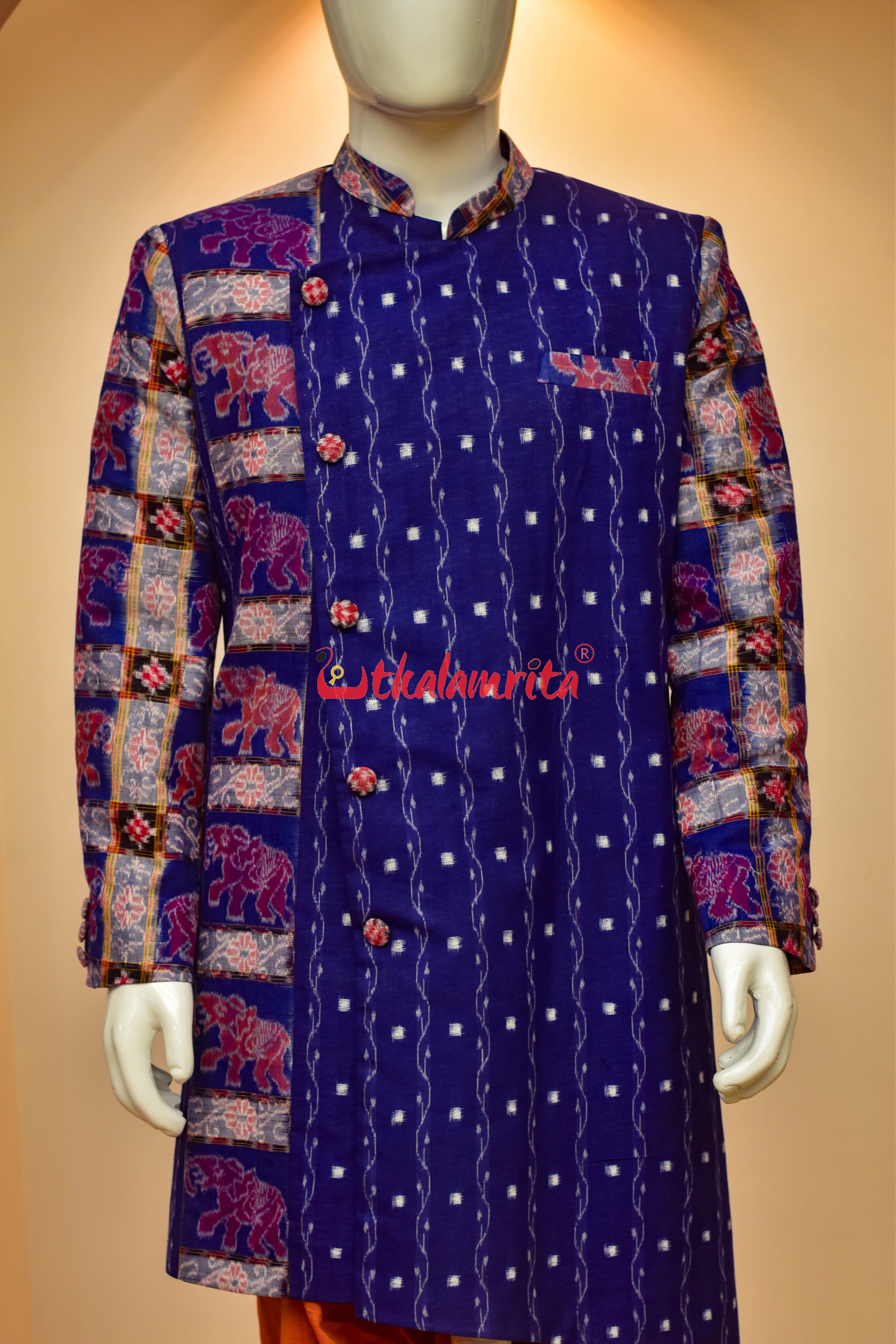 Blue Lahari Tipa with Elephants Design (Men's Sherwani)