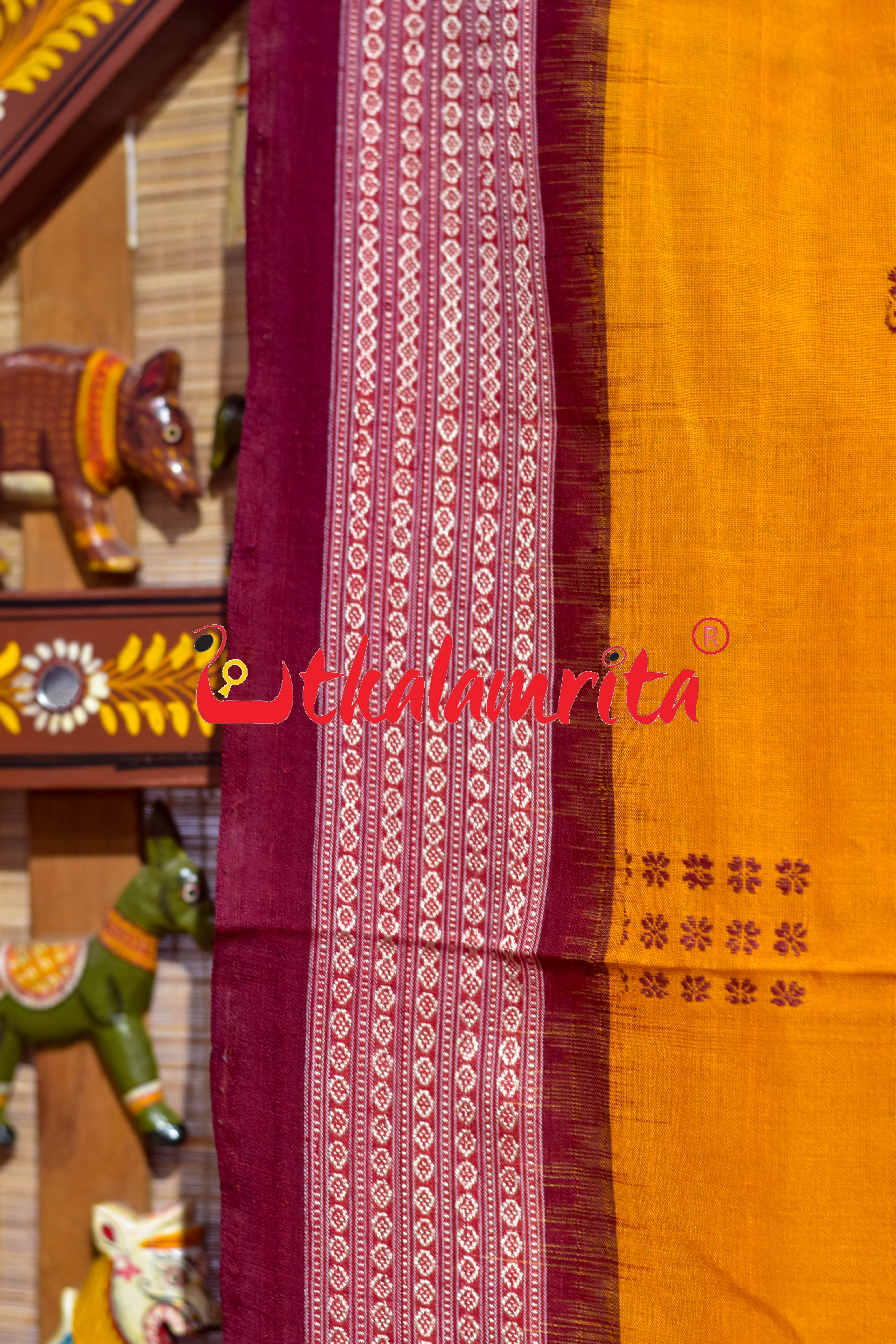 Mustard Maroon Phula Bomkai Cotton Saree