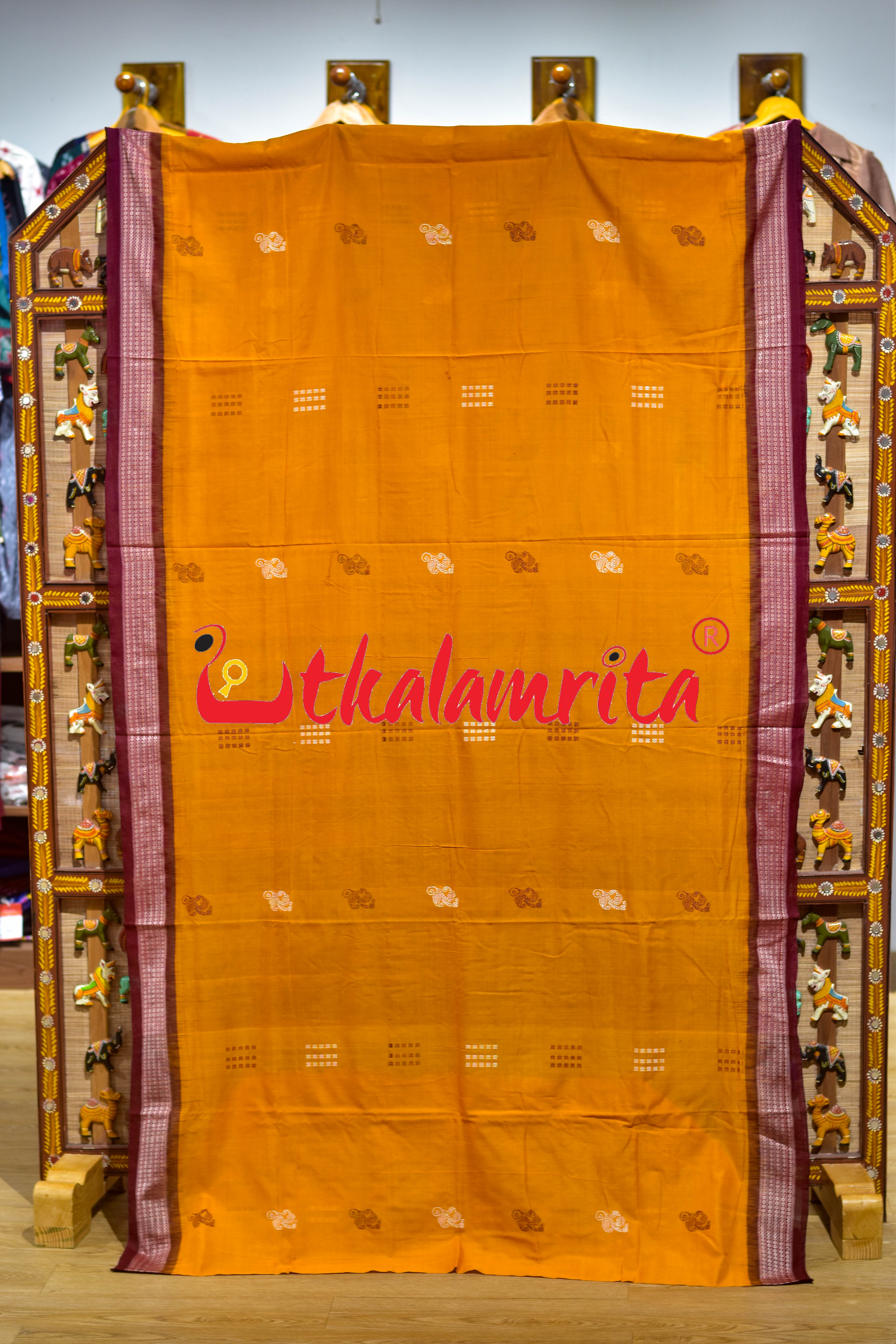 Mustard Maroon Phula Bomkai Cotton Saree