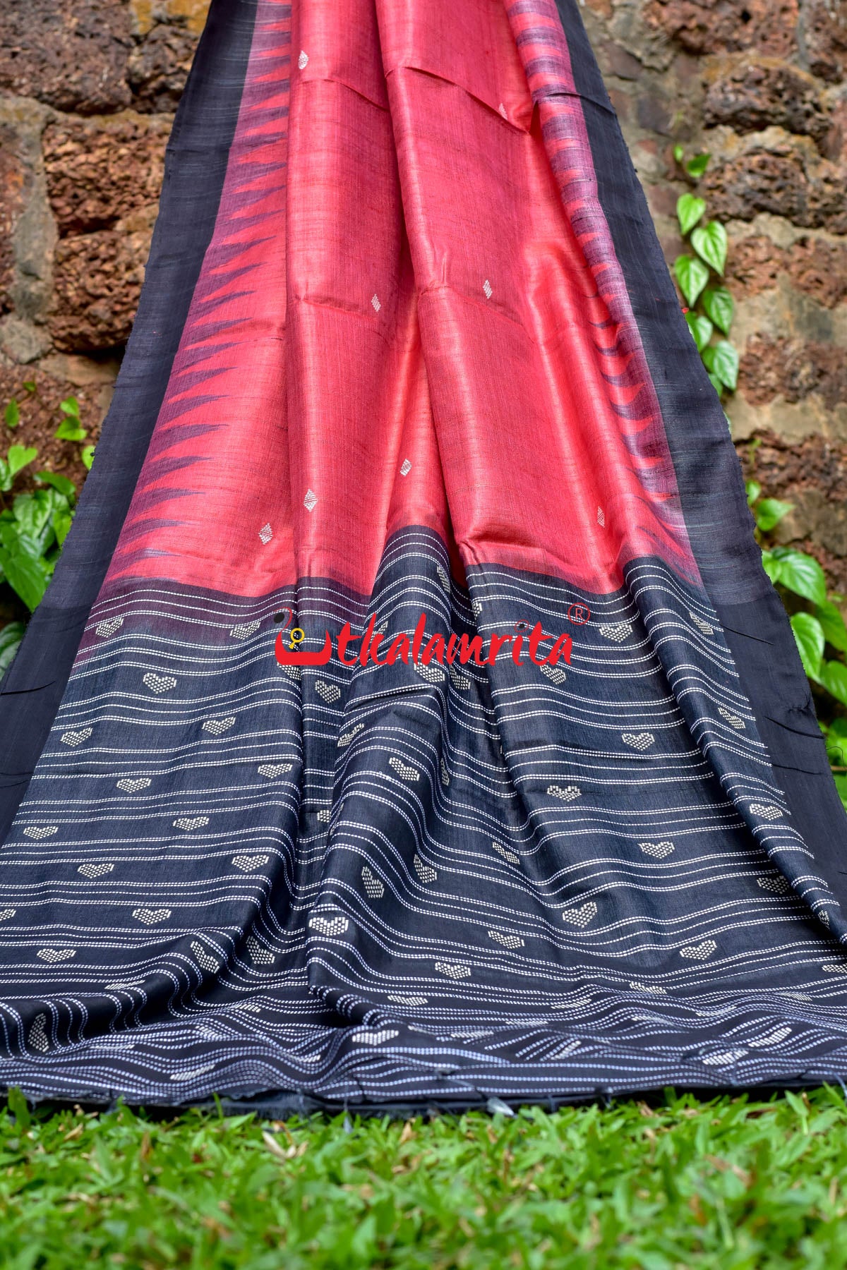Red Black Fine With Hearts Tussar Saree