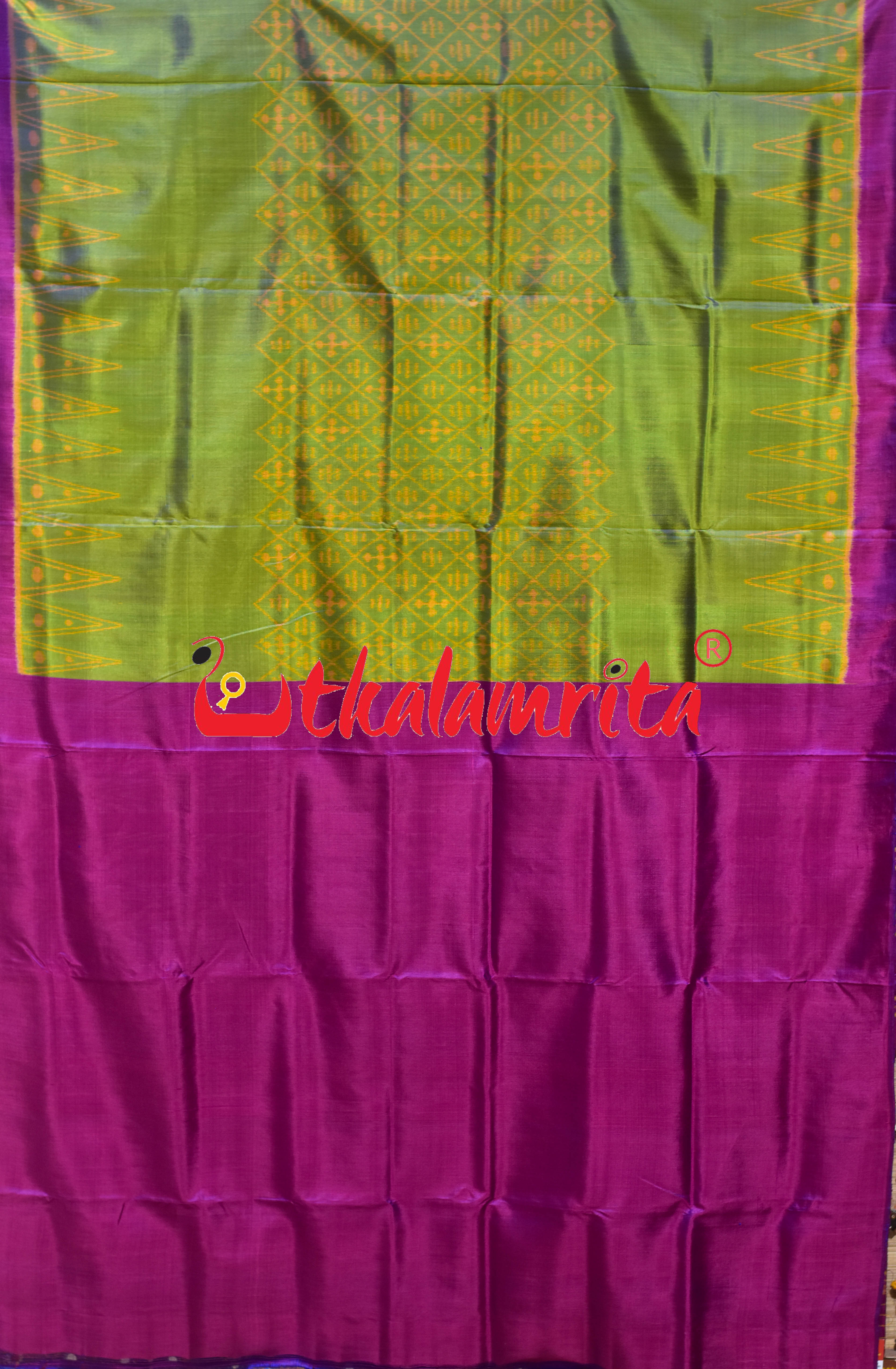 Lemon Green Magenta Khandua Silk Saree