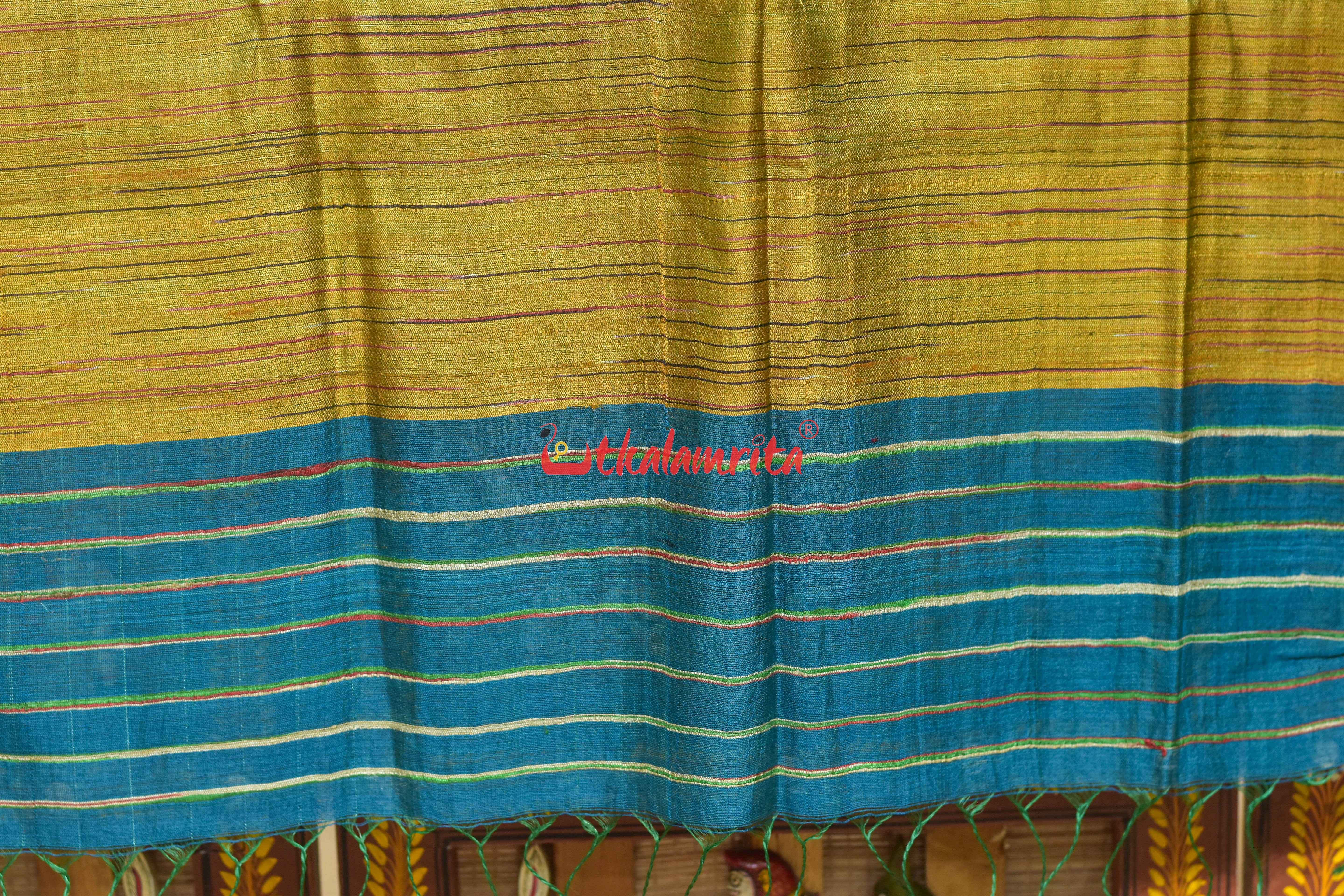 Golden Teal Border Fine Tussar Silk (Dupatta)