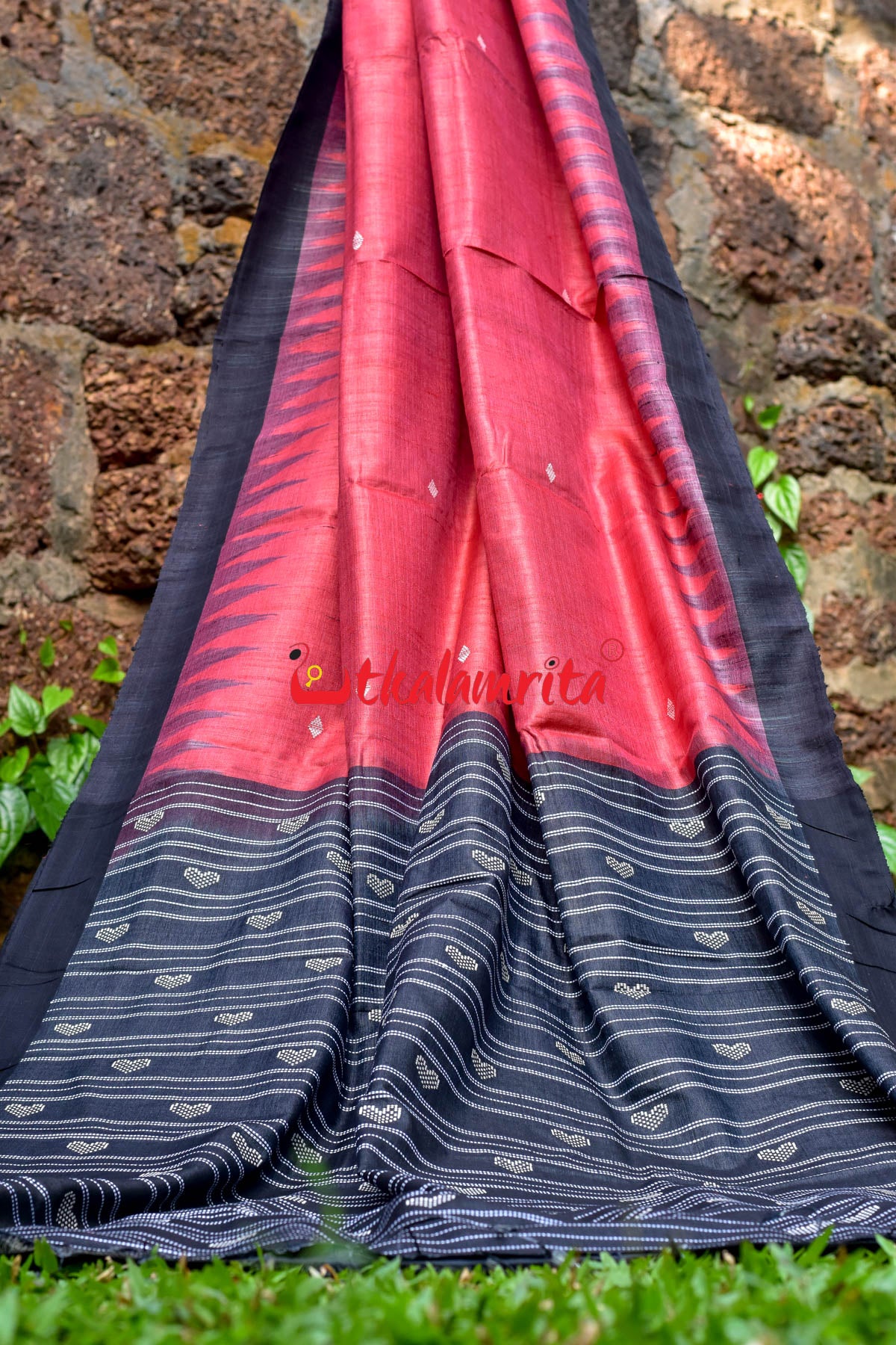 Red Black Fine With Hearts Tussar Saree