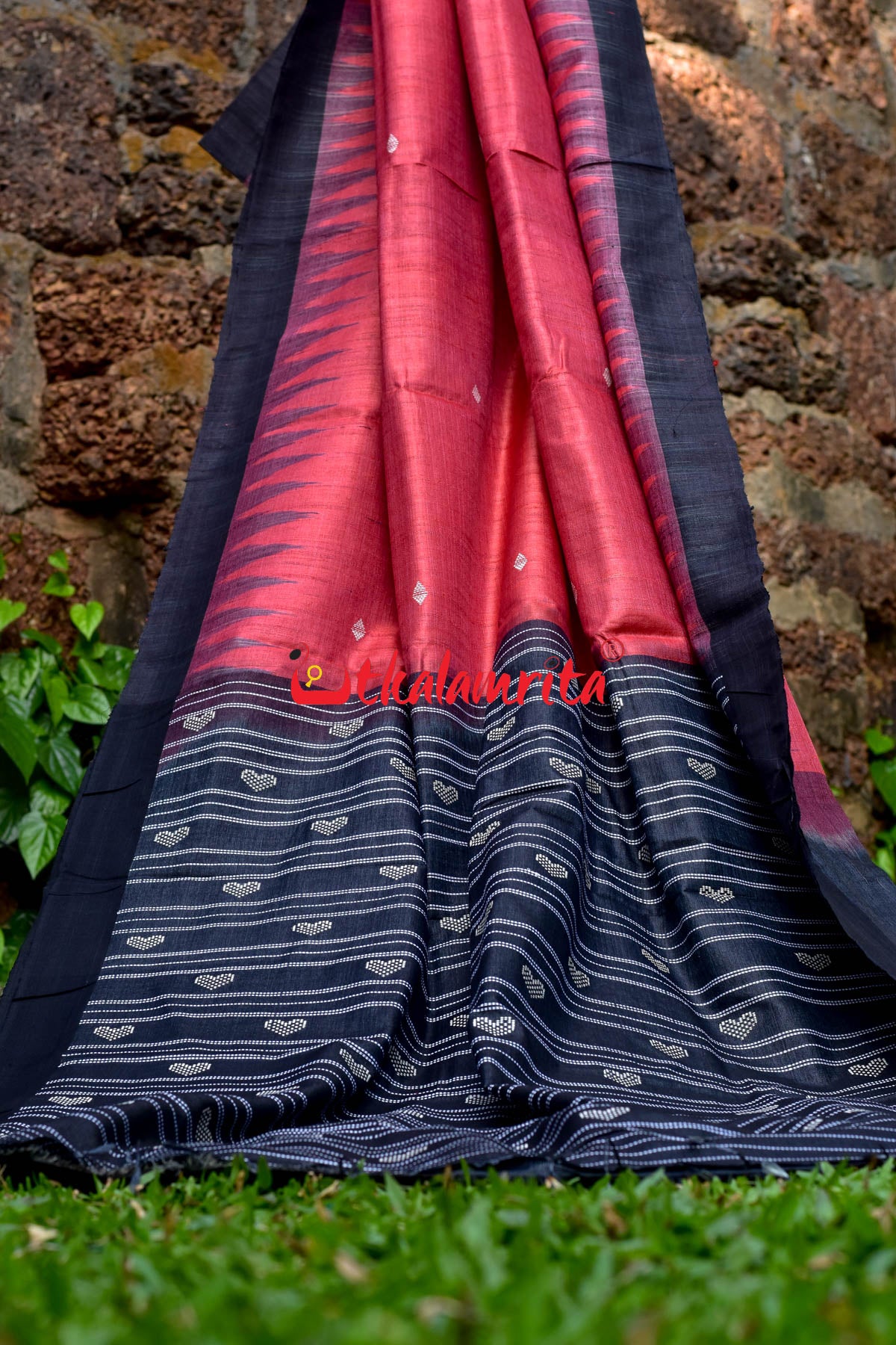 Red Black Fine With Hearts Tussar Saree