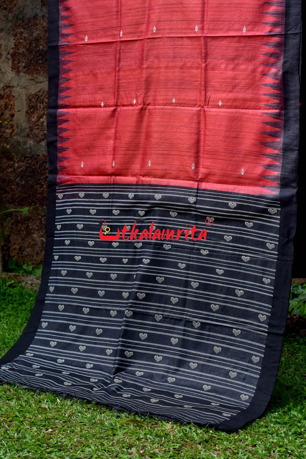 Red Black Fine With Hearts Tussar Saree