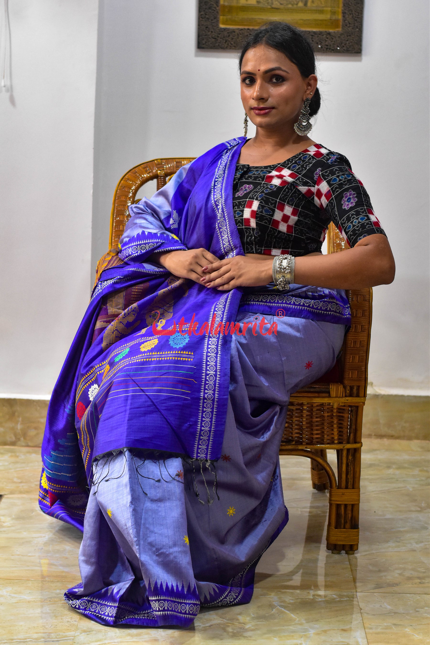 Sky Blue Konark Temple Tussar by Mulberry Silk Saree