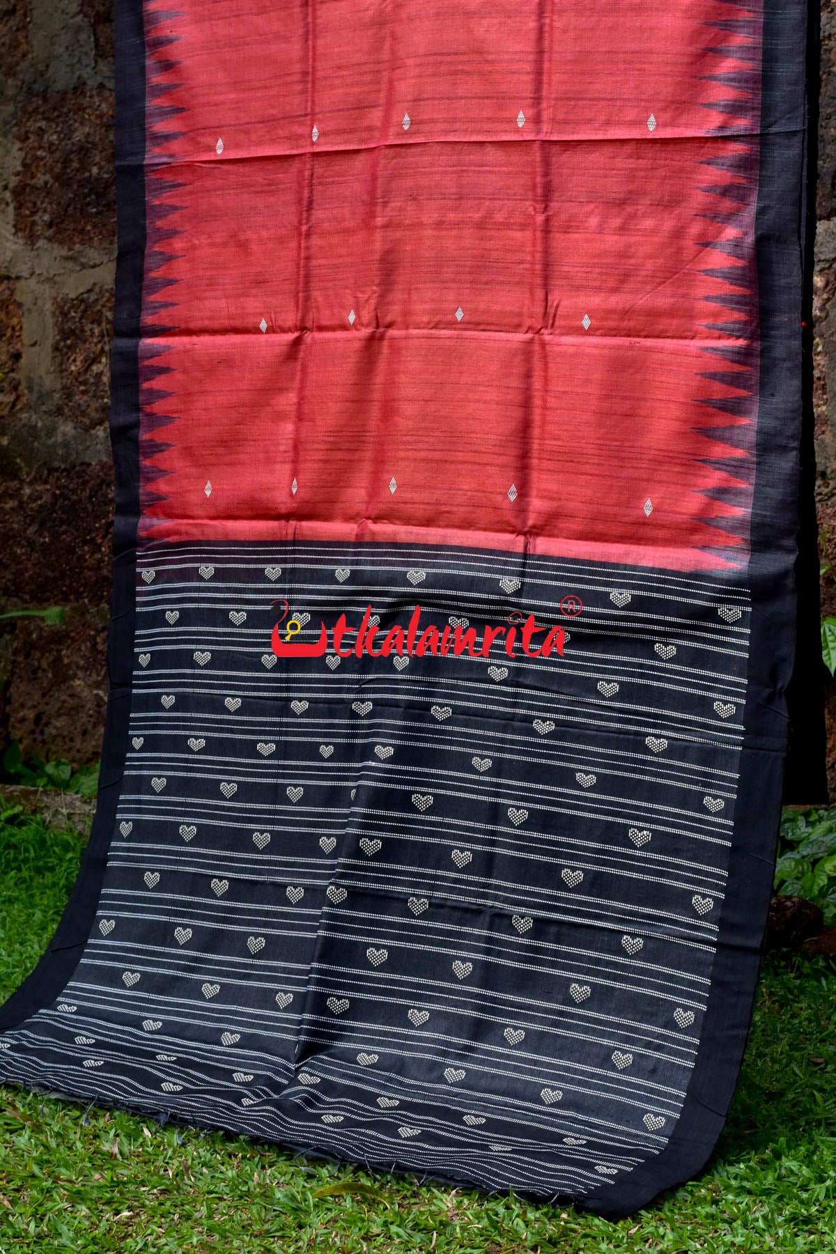 Red Black Fine With Hearts Tussar Saree