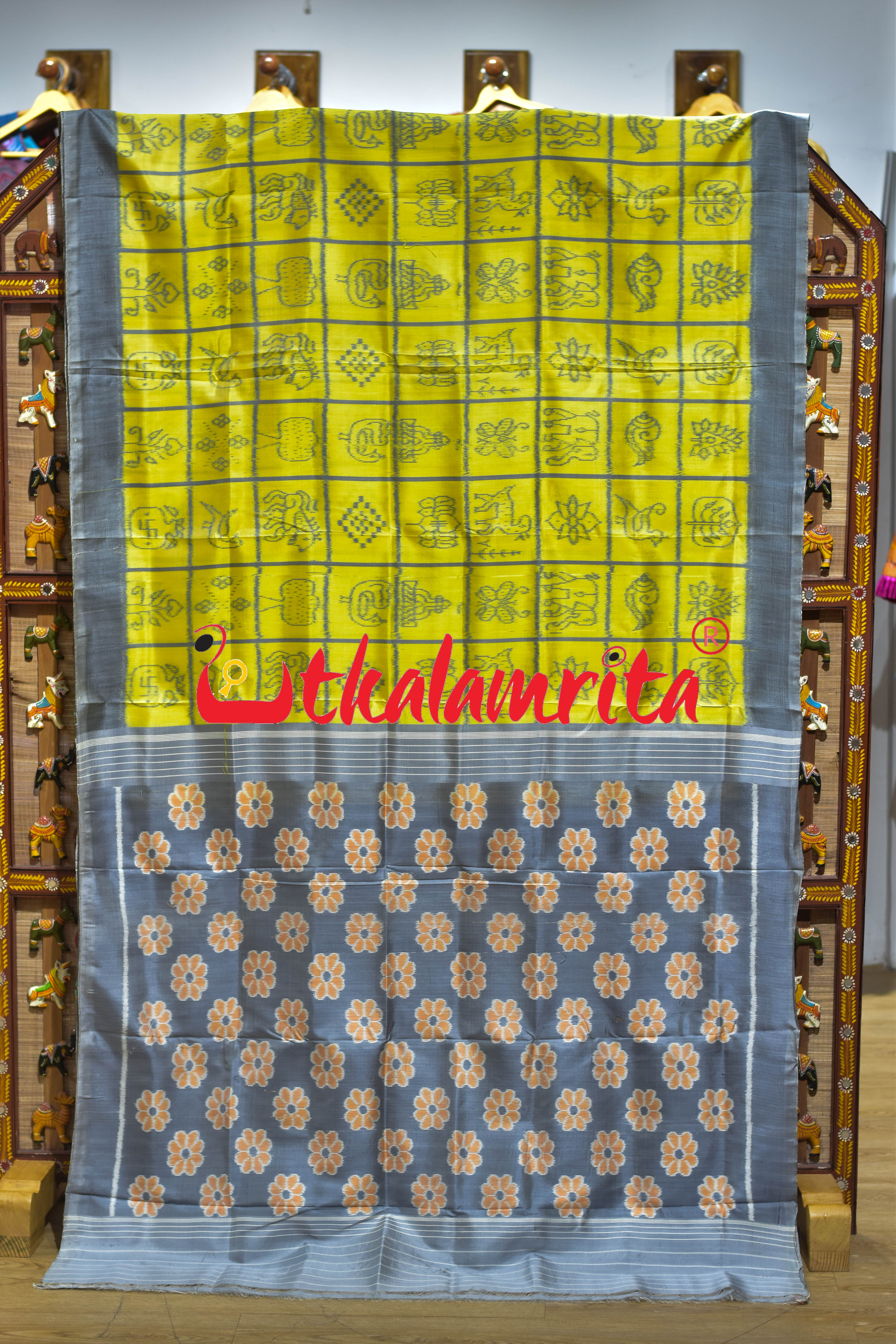 Yellow Grey Nabakothi Khandua Silk Saree