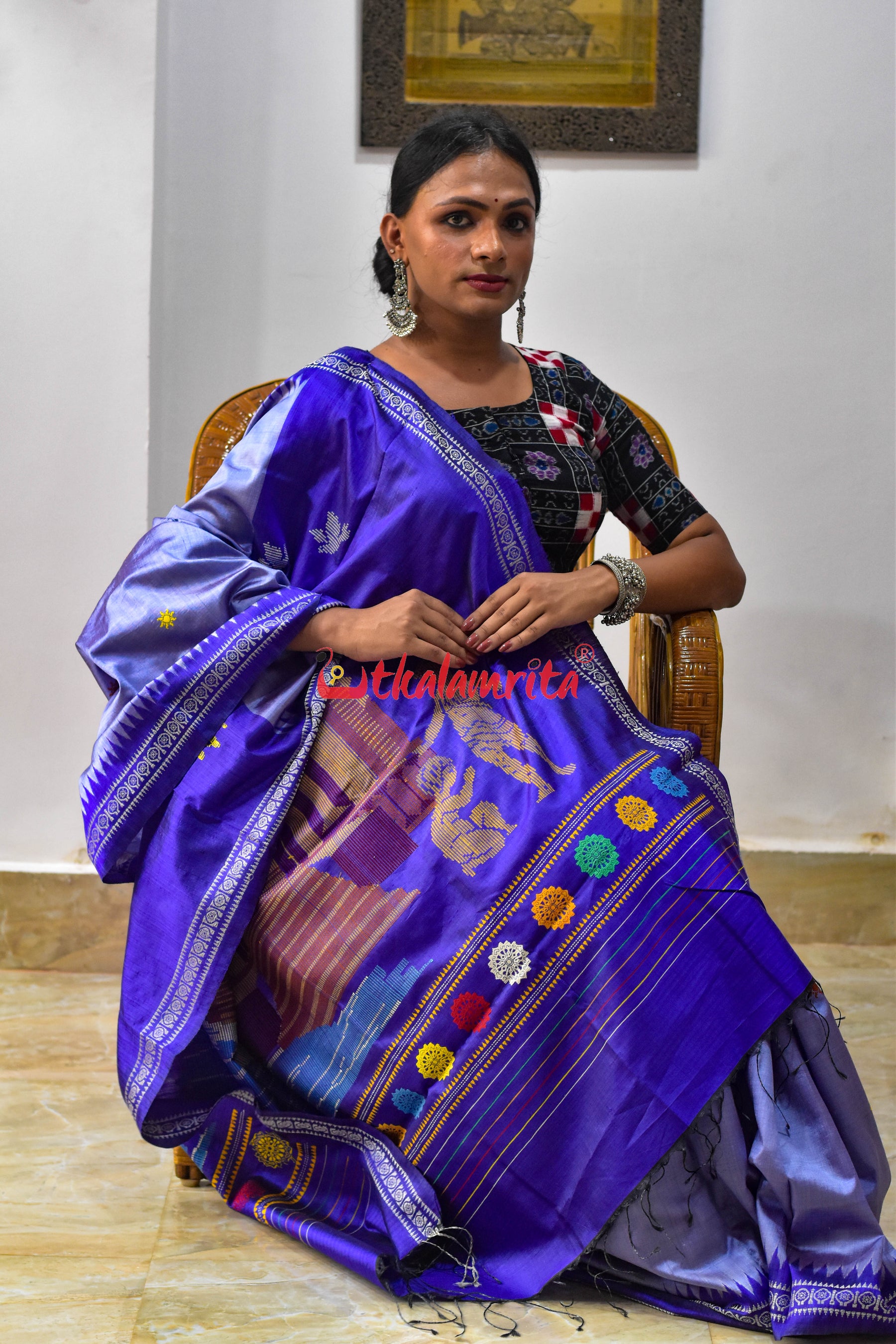 Sky Blue Konark Temple Tussar by Mulberry Silk Saree