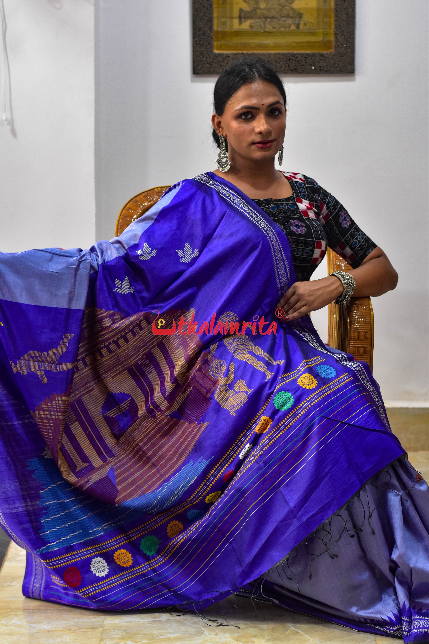 Sky Blue Konark Temple Tussar by Mulberry Silk Saree