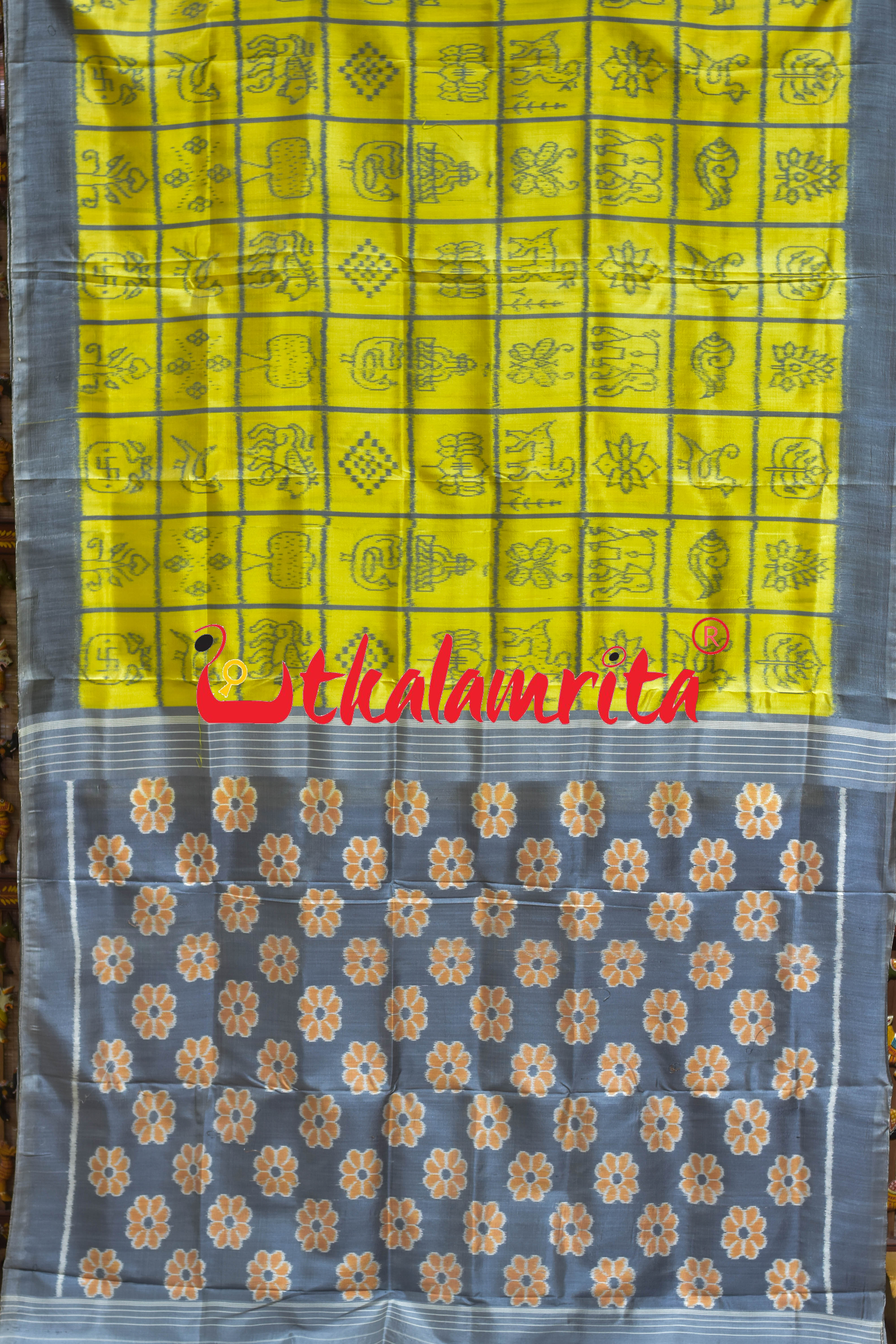 Yellow Grey Nabakothi Khandua Silk Saree