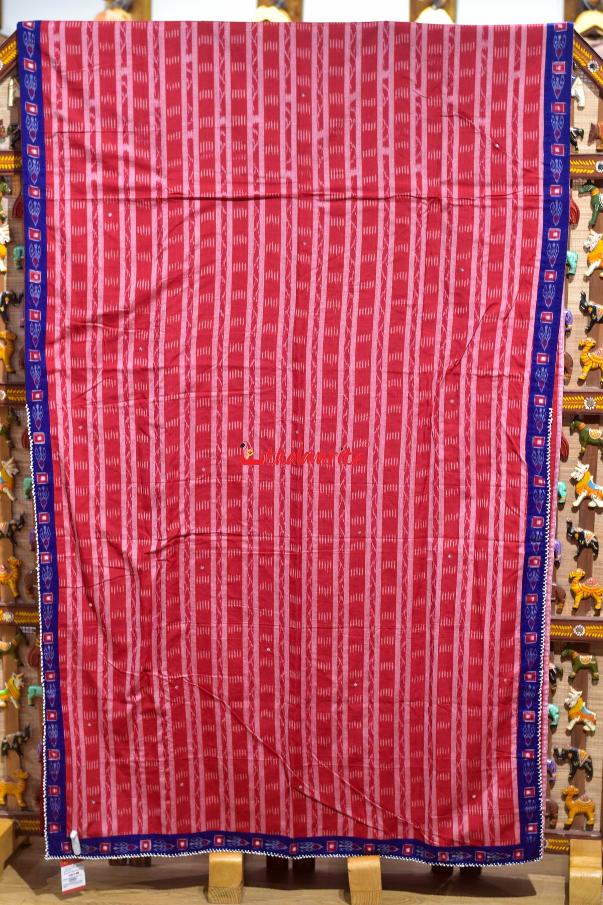 Red White Stripes Blue Single Kadha Pasapali Designer Cotton Saree