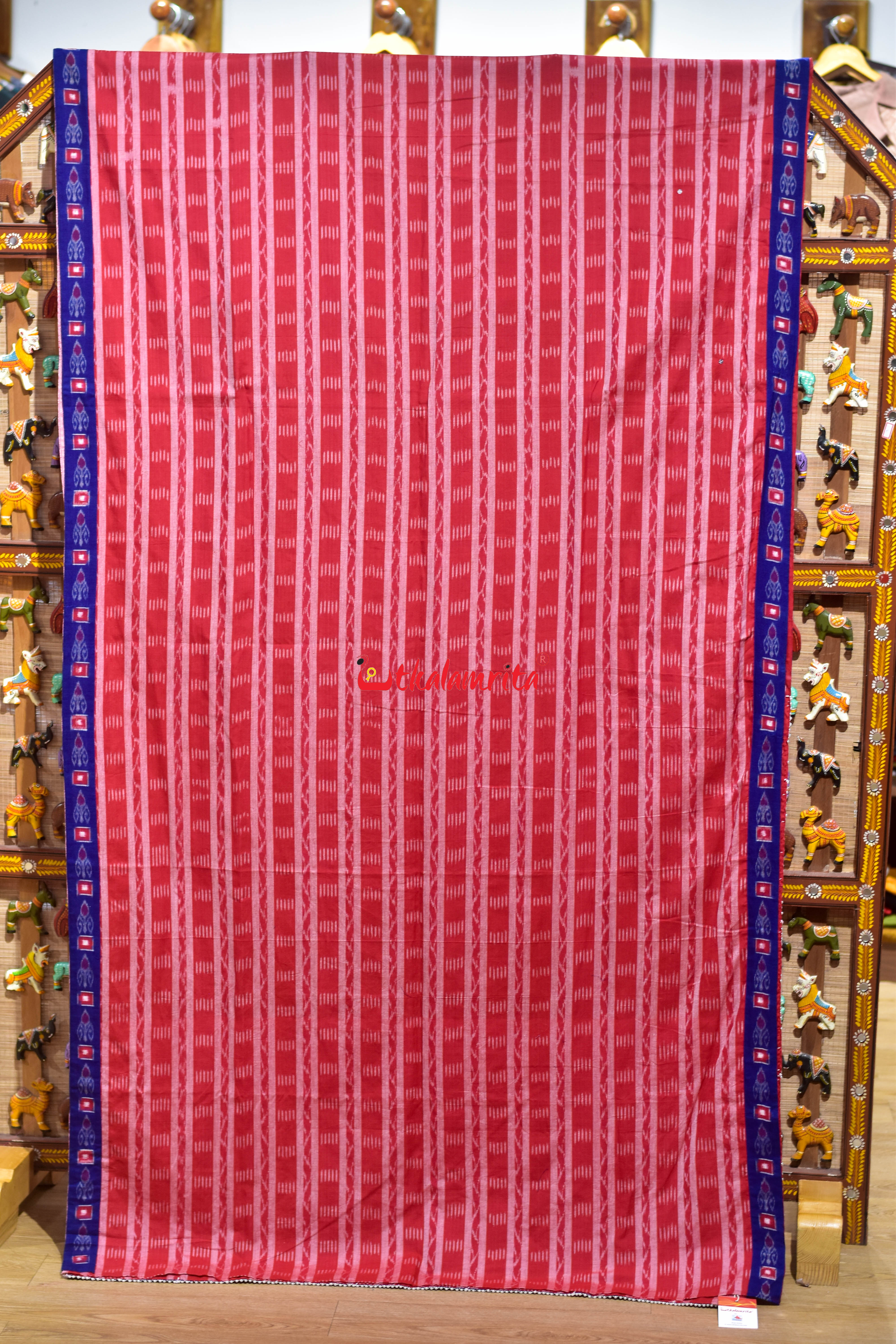 Red White Stripes Blue Single Kadha Pasapali Designer Cotton Saree