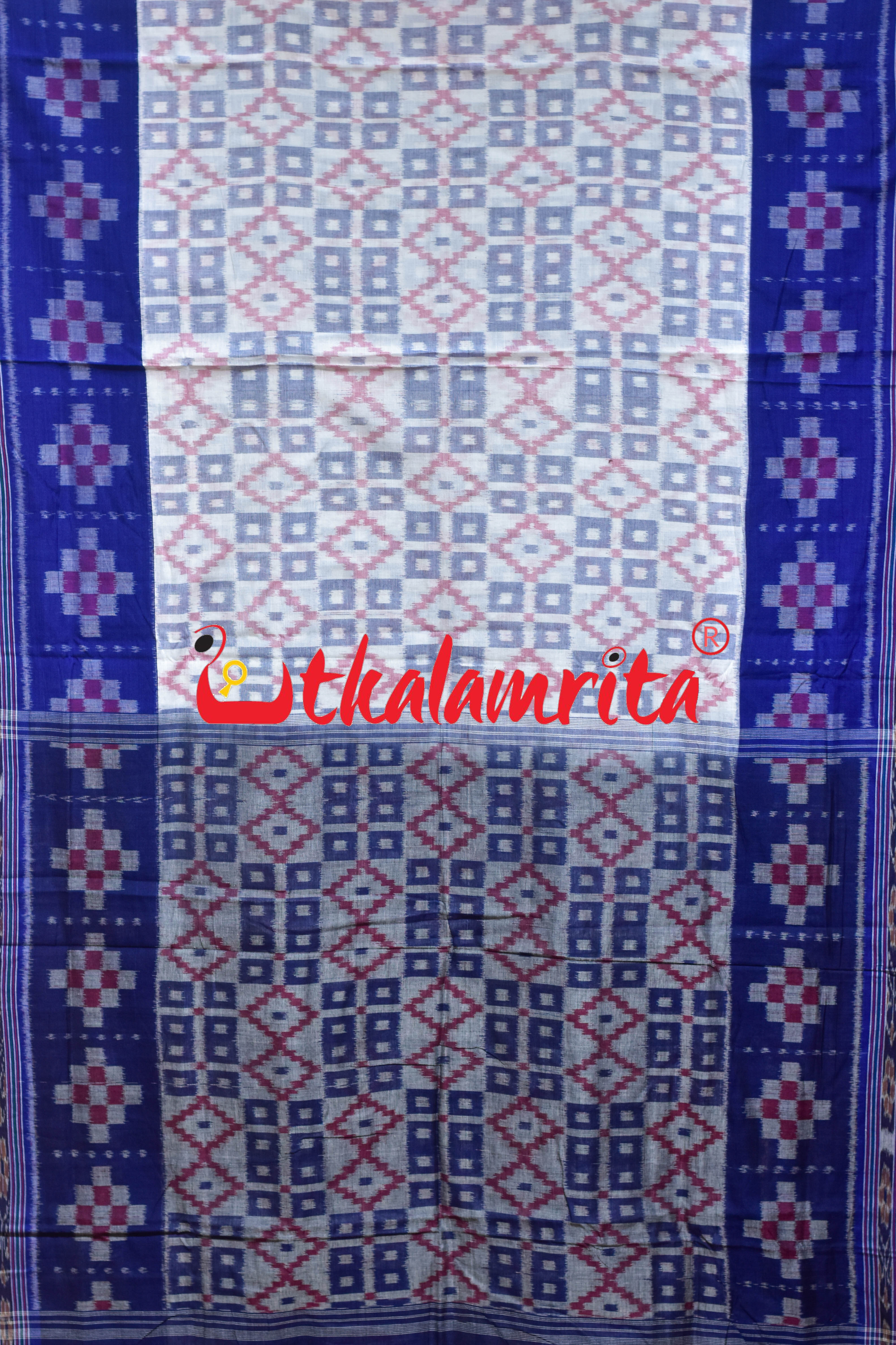 Border Pasapali White Blue 3D Khandua Cotton Saree