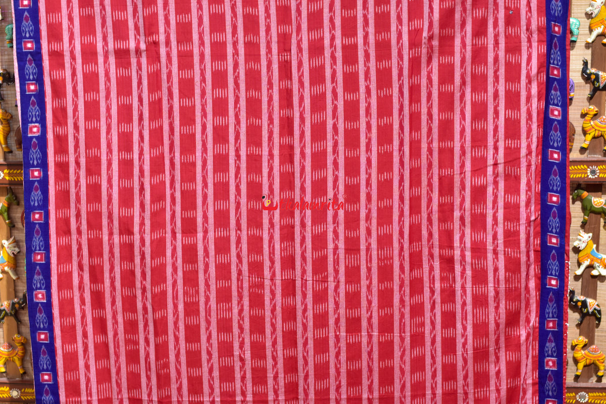 Red White Stripes Blue Single Kadha Pasapali Designer Cotton Saree