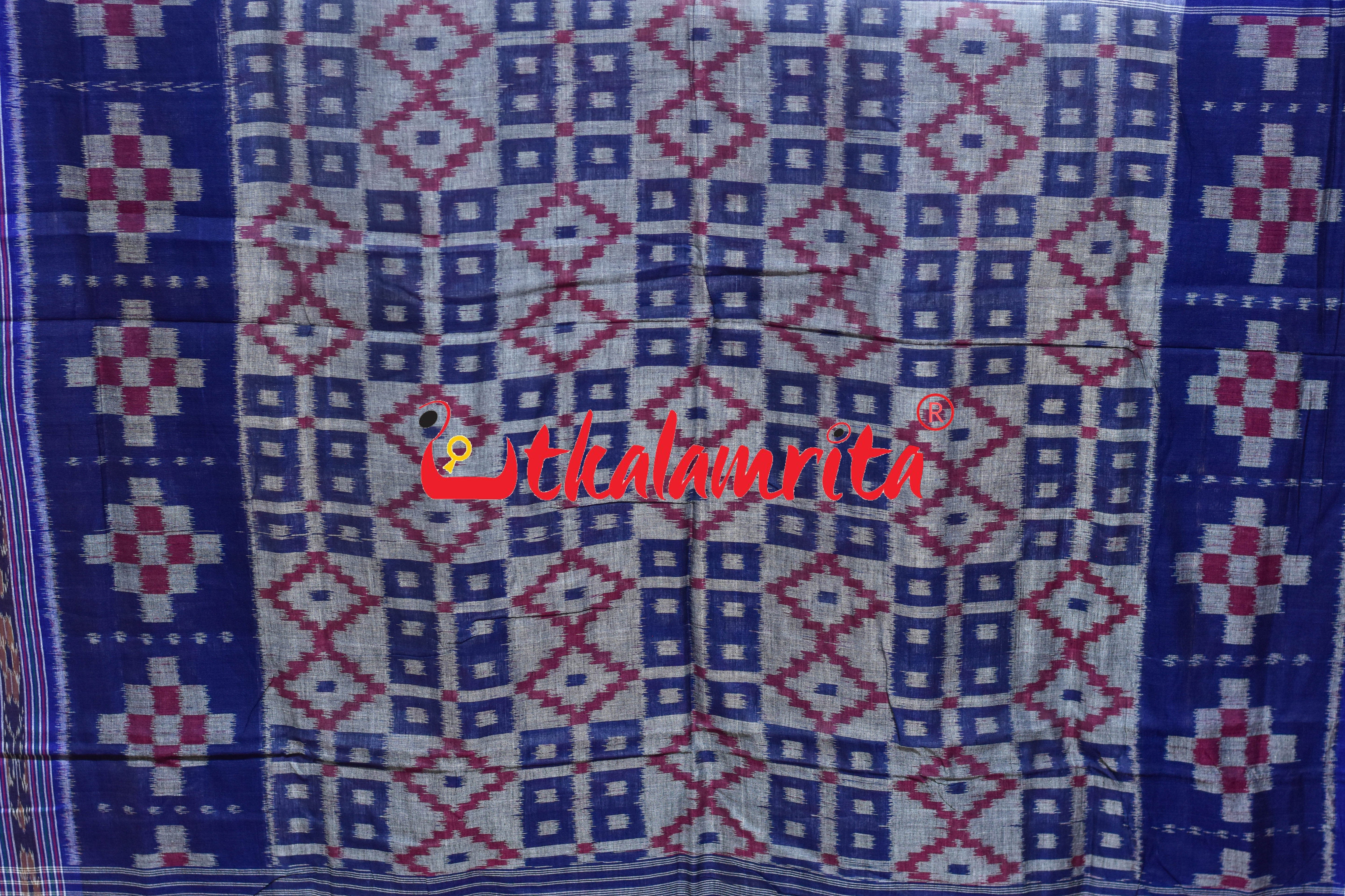 Border Pasapali White Blue 3D Khandua Cotton Saree