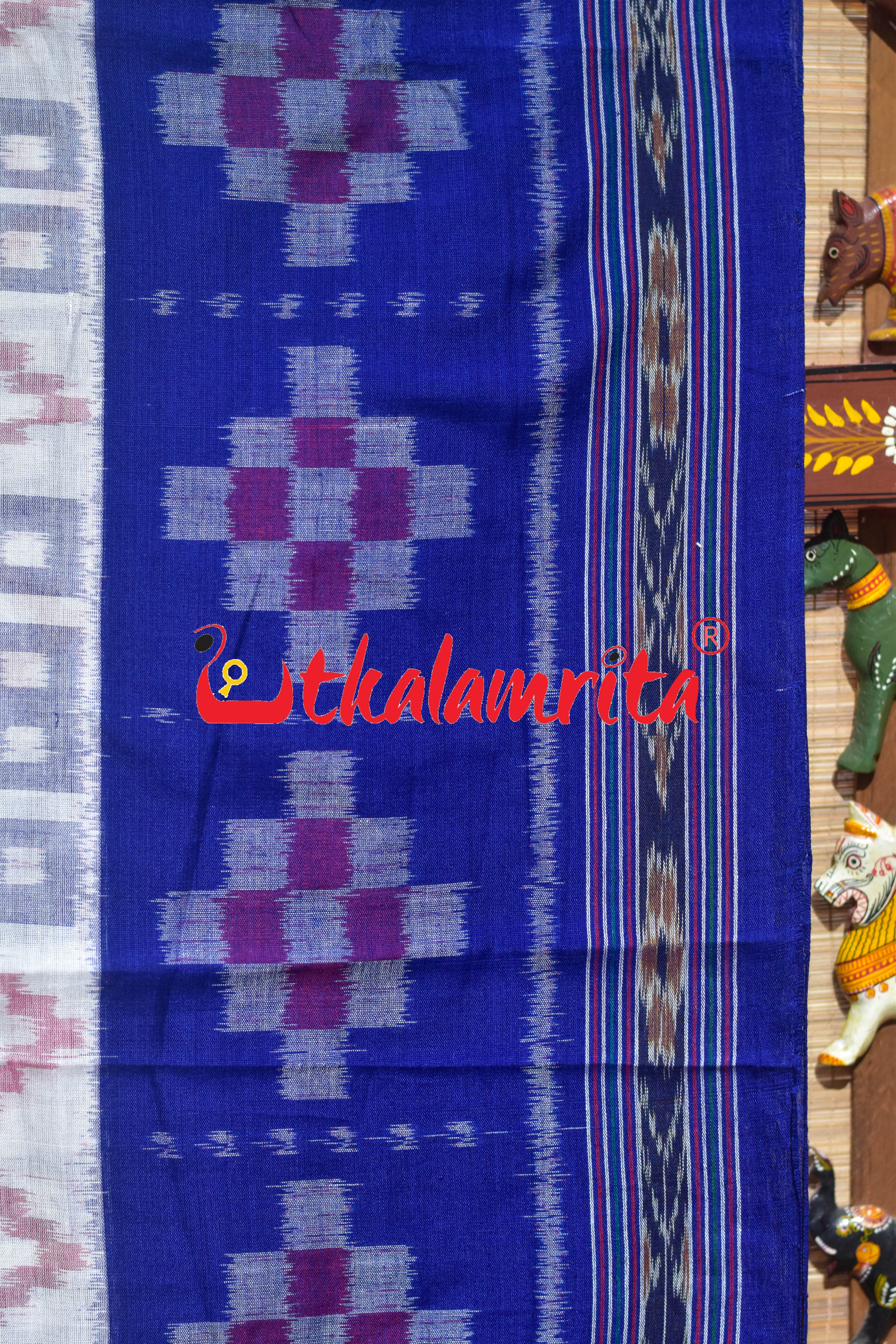 Border Pasapali White Blue 3D Khandua Cotton Saree