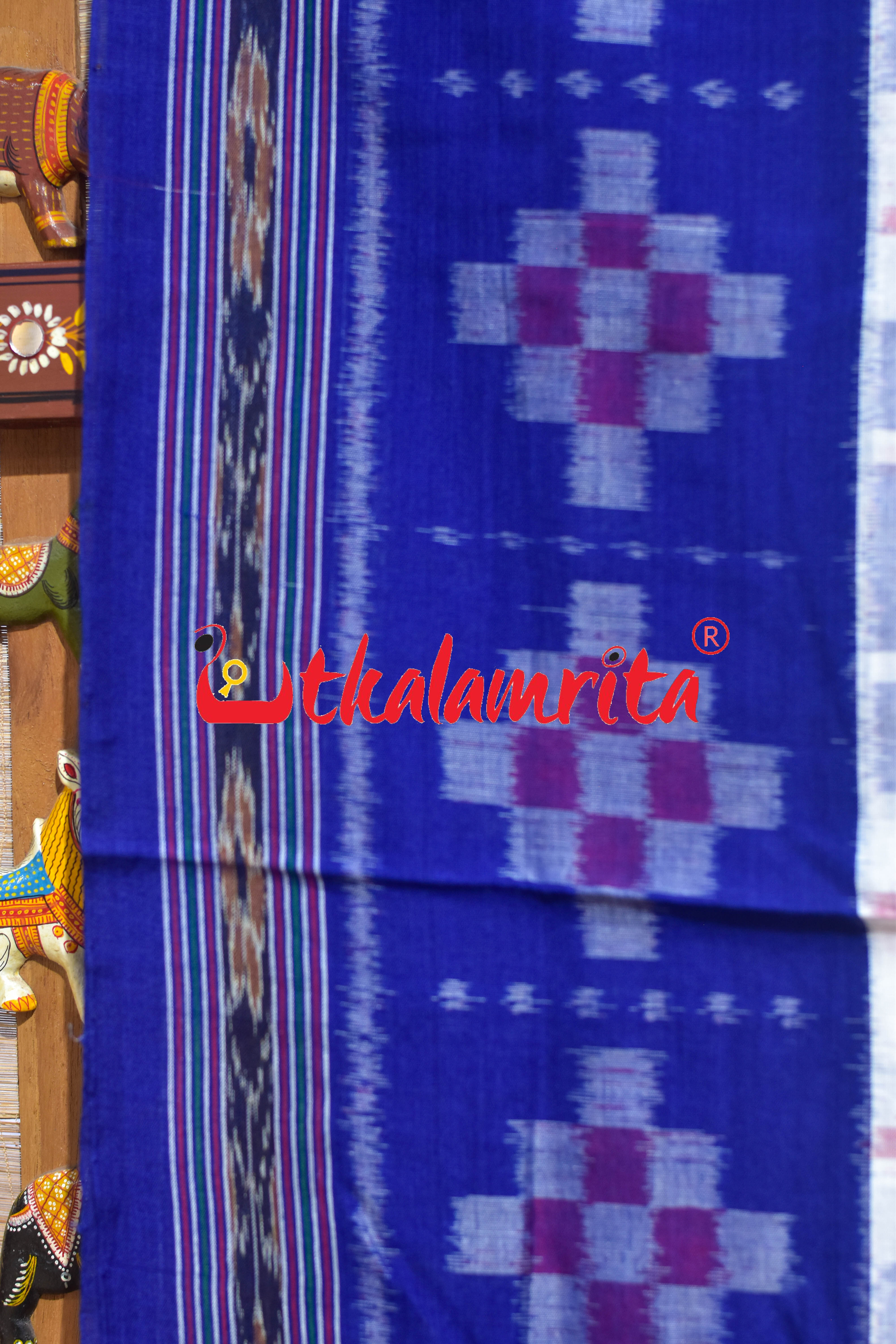 Border Pasapali White Blue 3D Khandua Cotton Saree