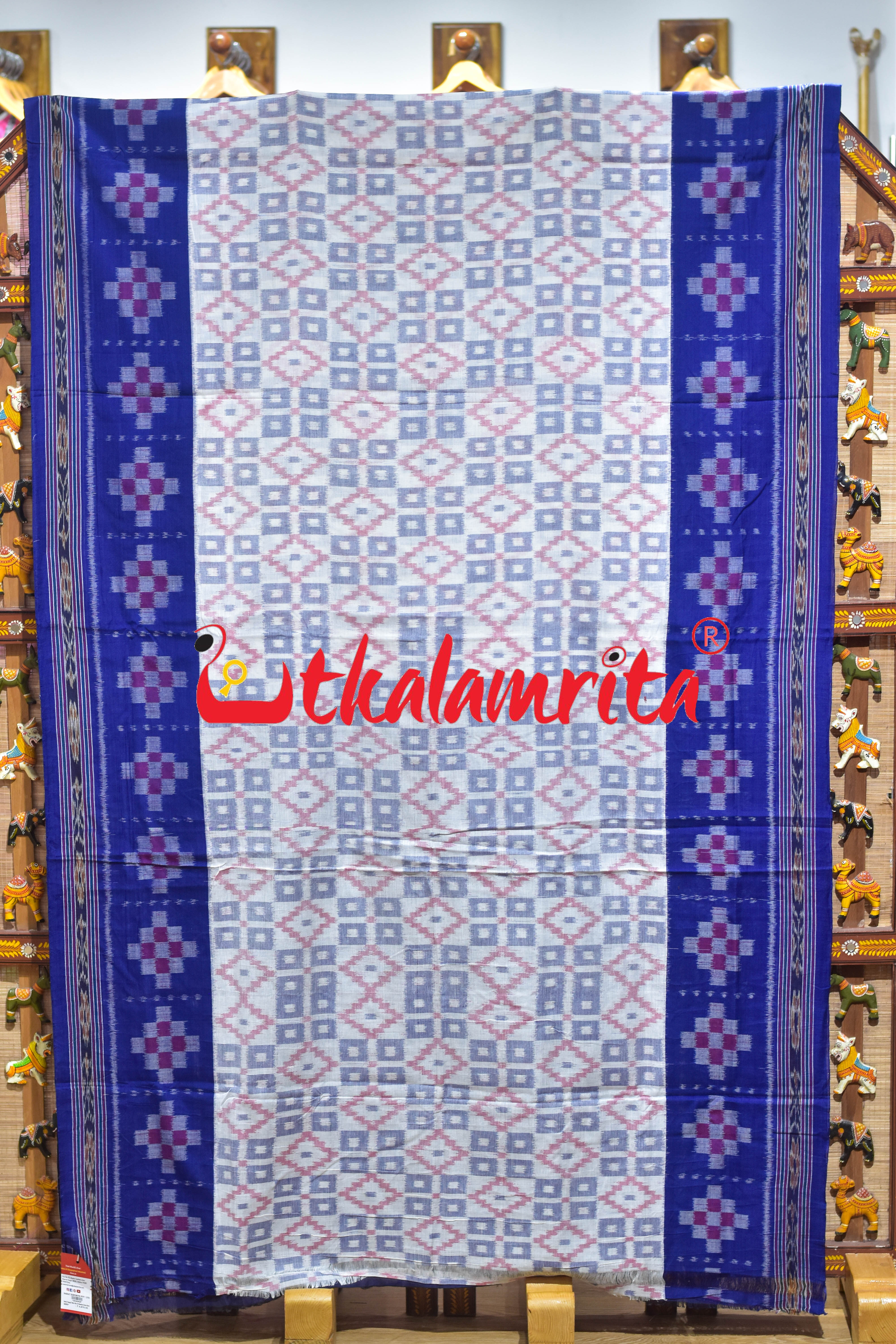 Border Pasapali White Blue 3D Khandua Cotton Saree