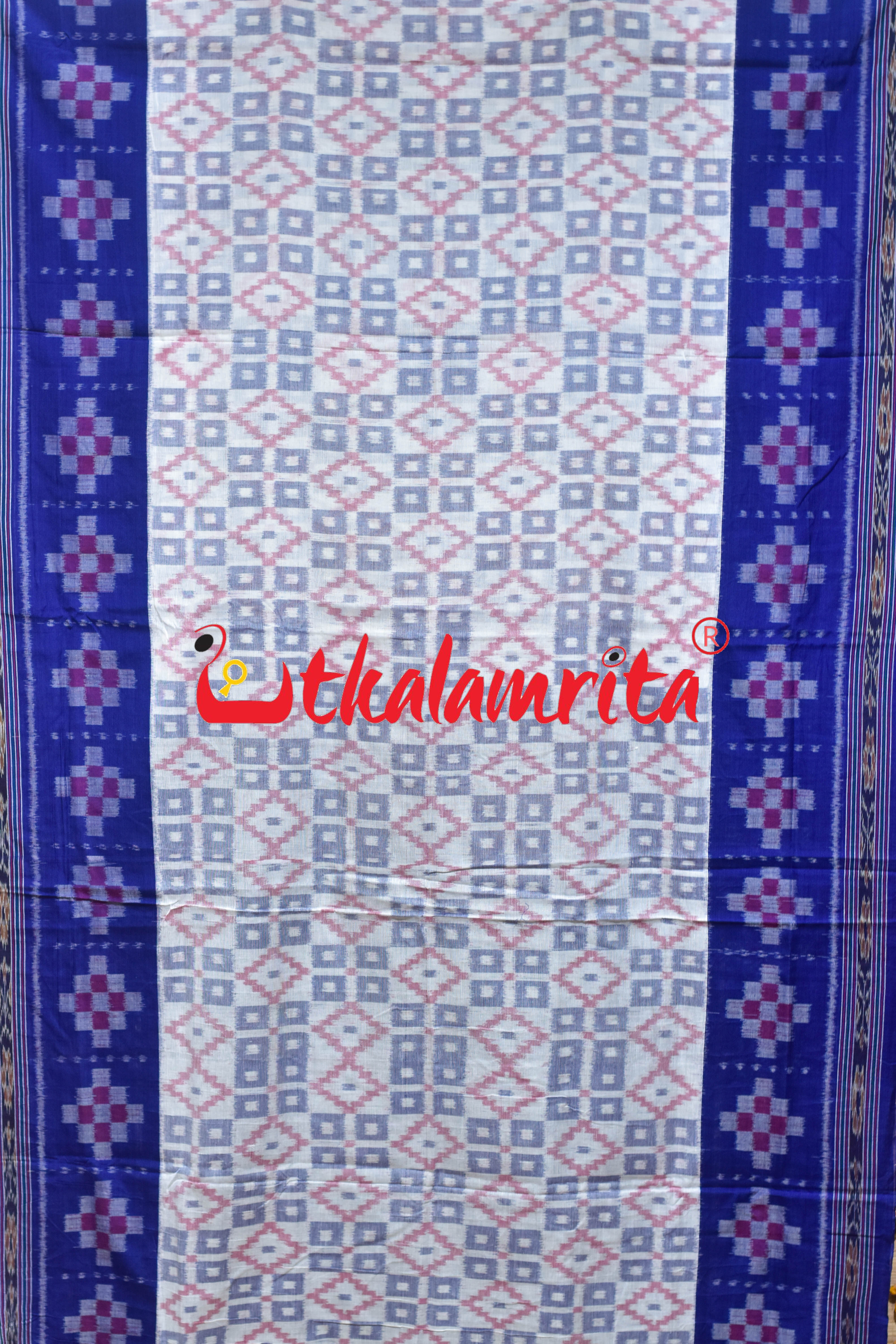 Border Pasapali White Blue 3D Khandua Cotton Saree