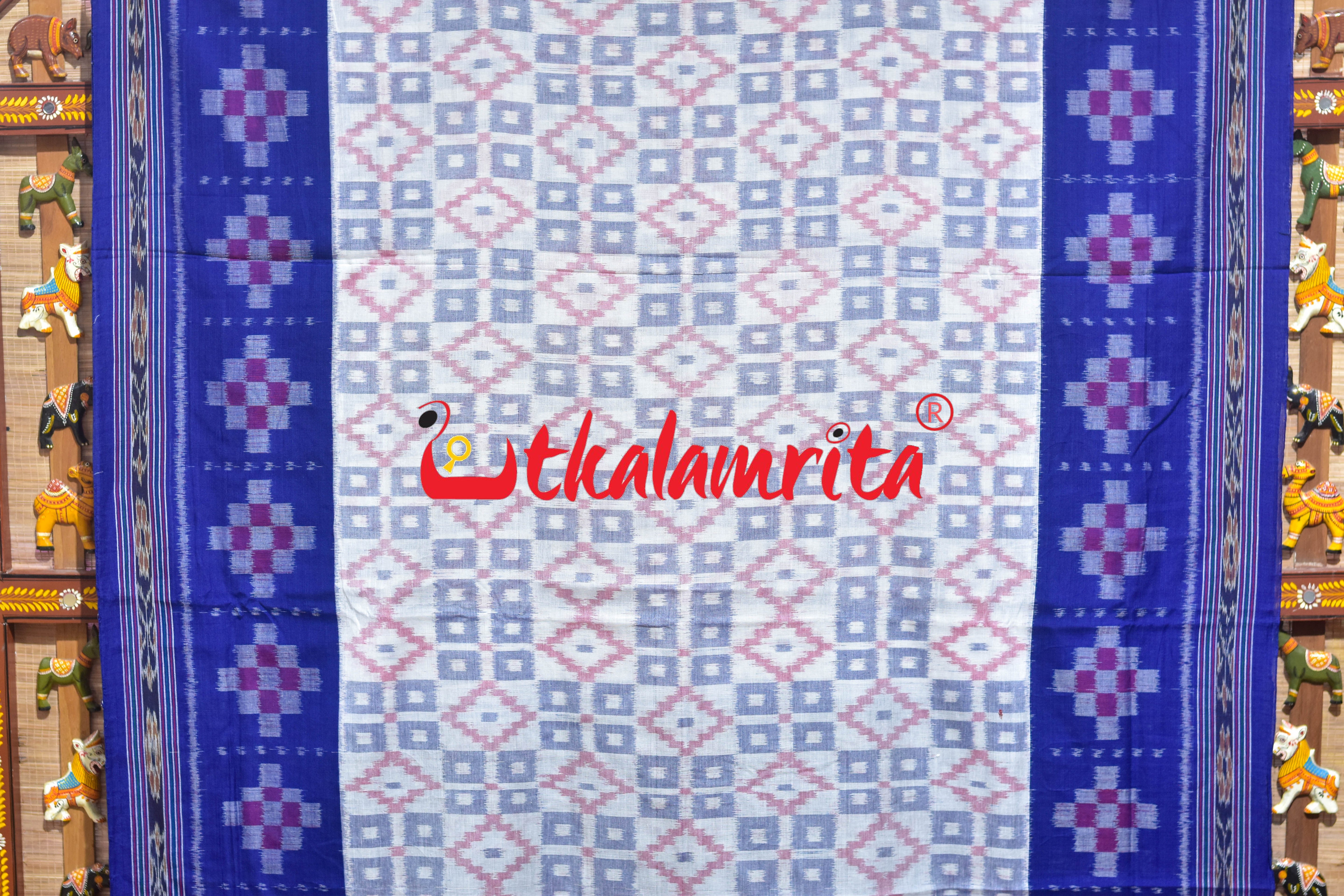 Border Pasapali White Blue 3D Khandua Cotton Saree
