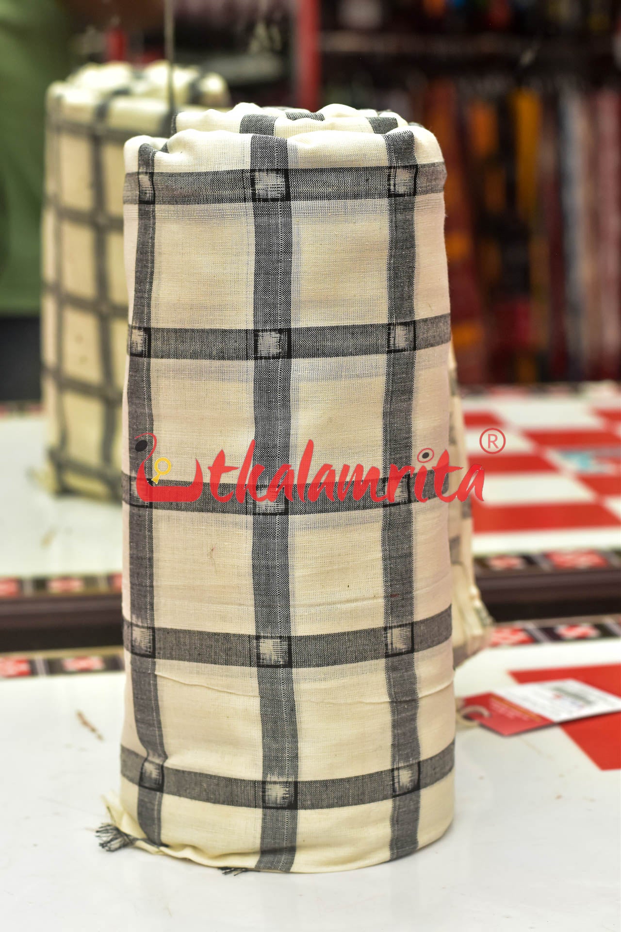 White Black Chequered Sambalpuri Cotton (Fabric)