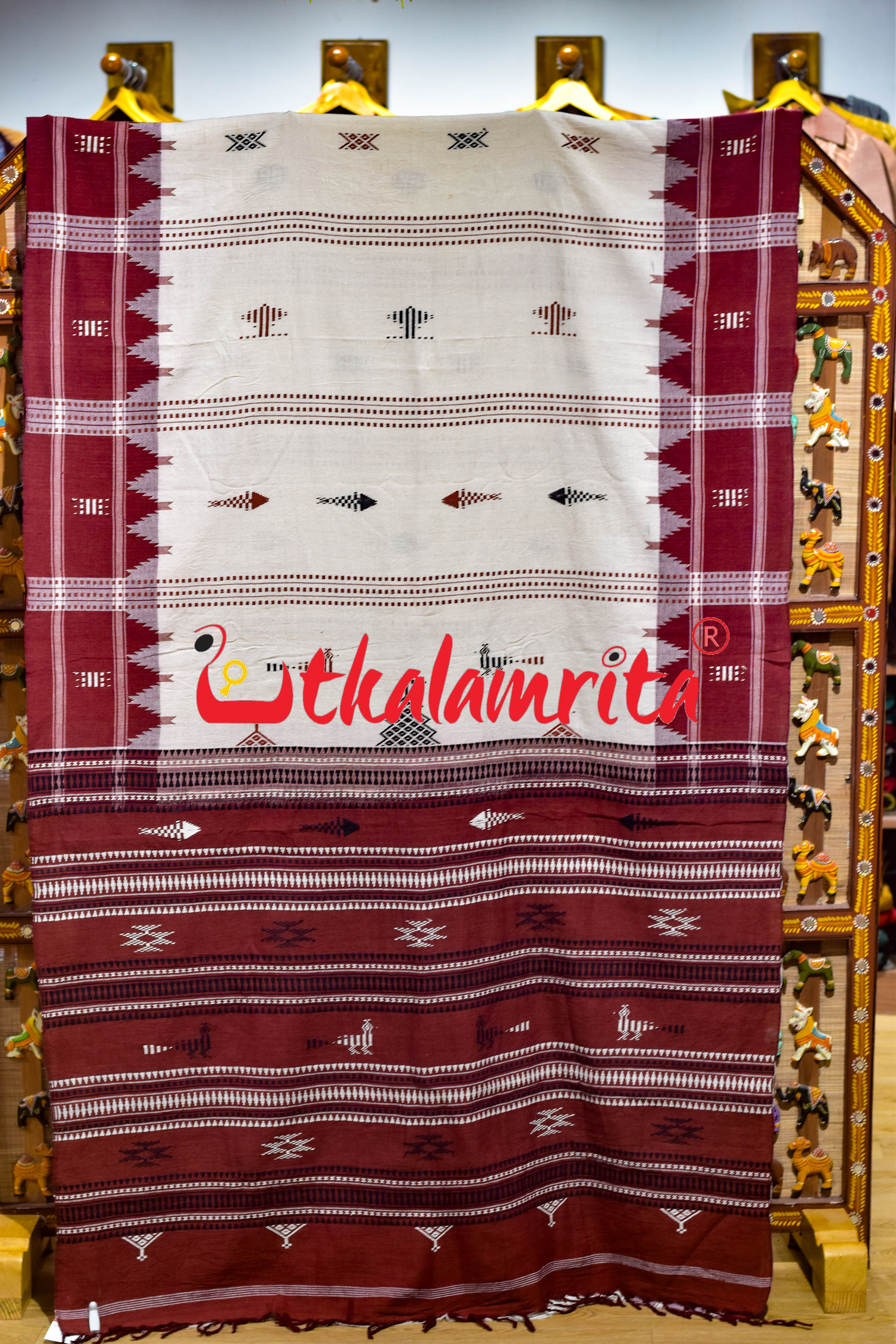 Off White Maroon Kotpad Cotton Saree