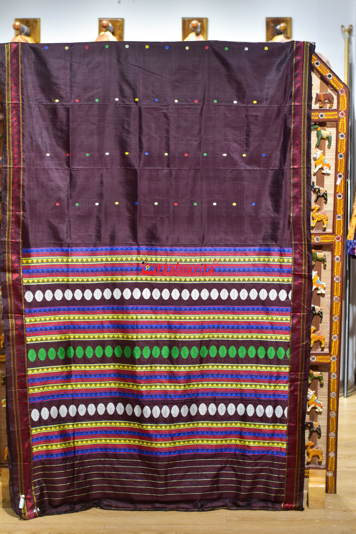 Coffee Red Multi Color Flower Buti Dongria Silk Saree