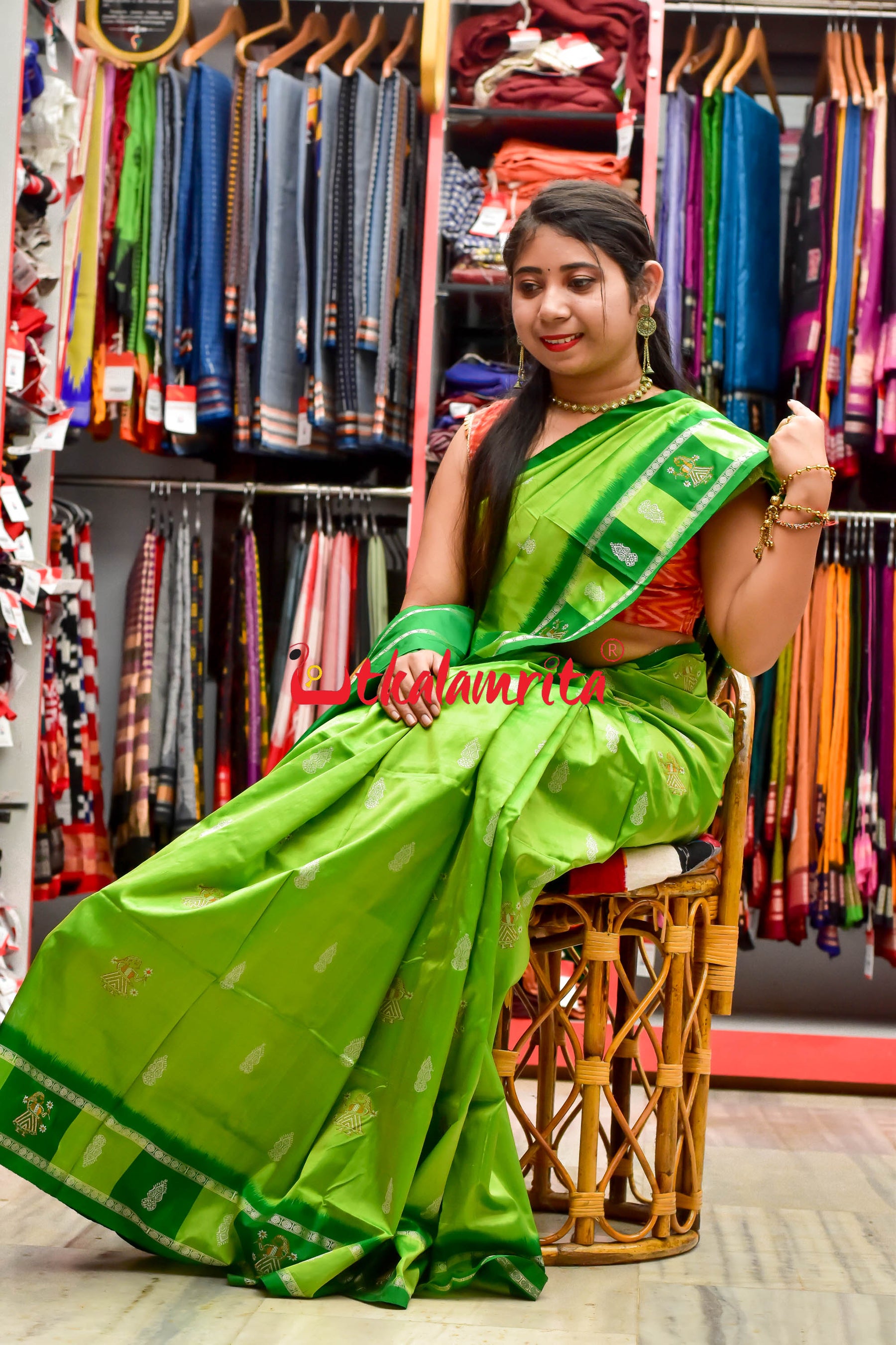 Light Neon Green Dhadi Doll Bomkai Silk Saree