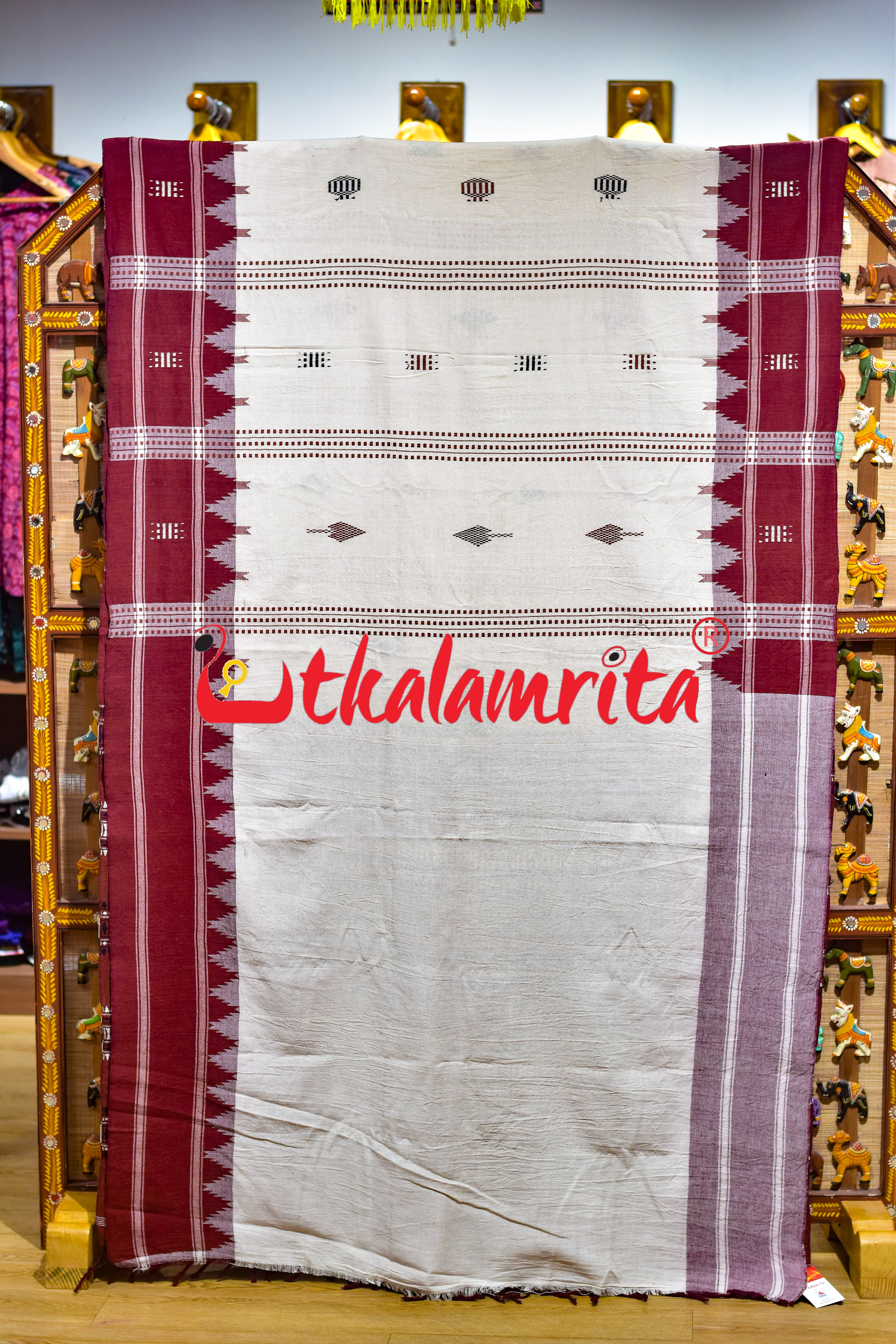 Off White Maroon Kotpad Cotton Saree