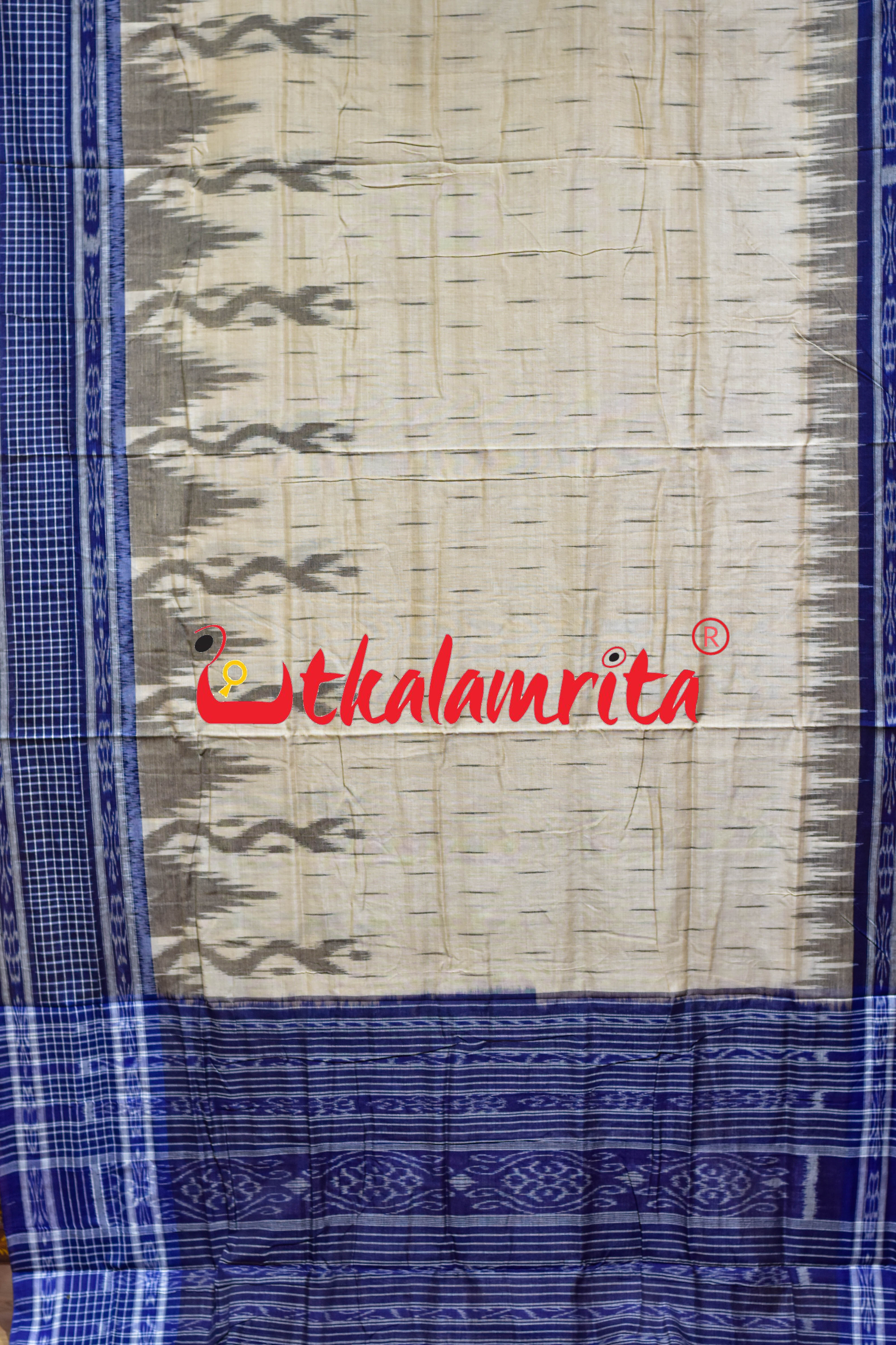 Off White Blue Check Daali Scot Khandua Cotton Saree
