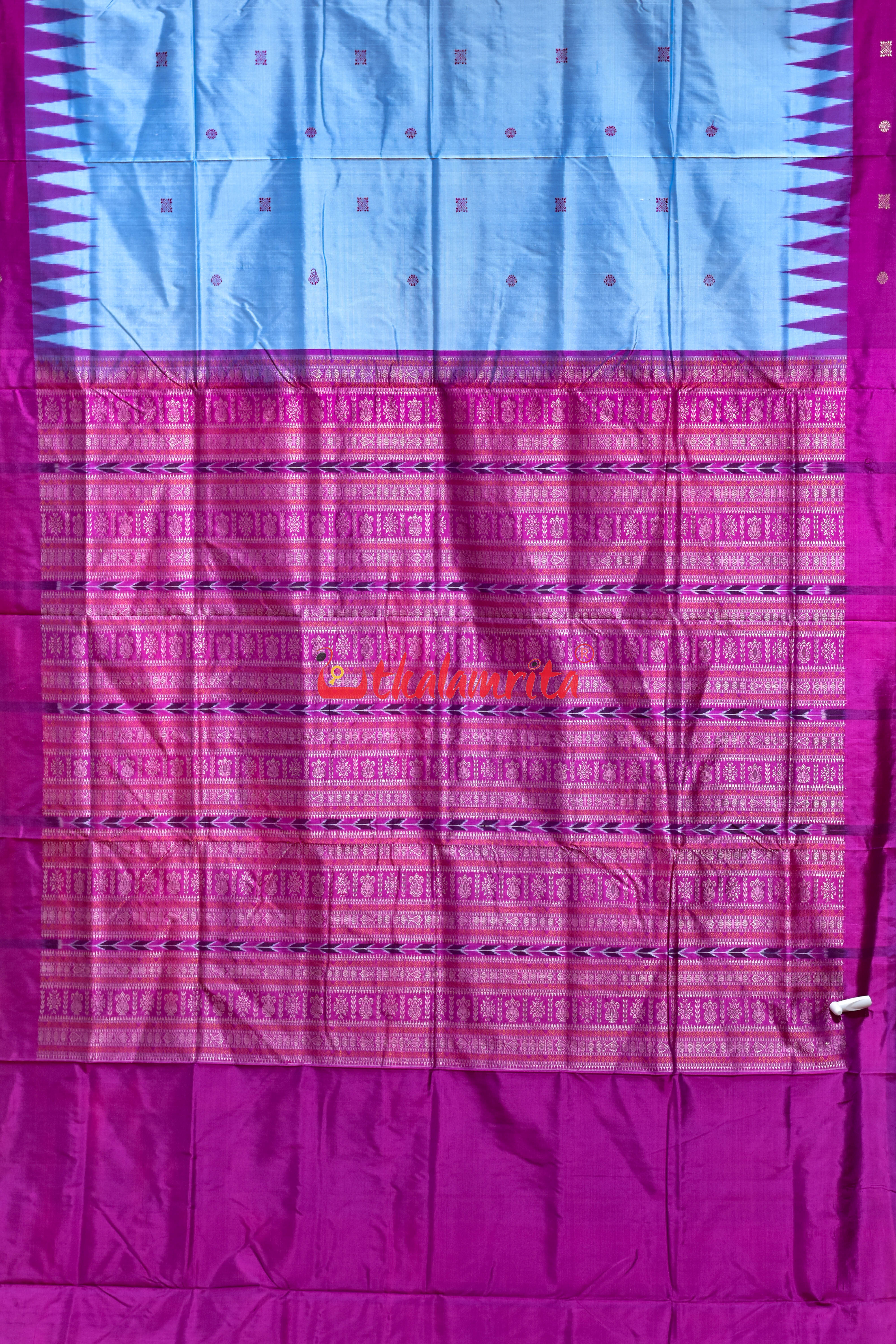 Sky Blue Flower Border Bomkai Silk Saree