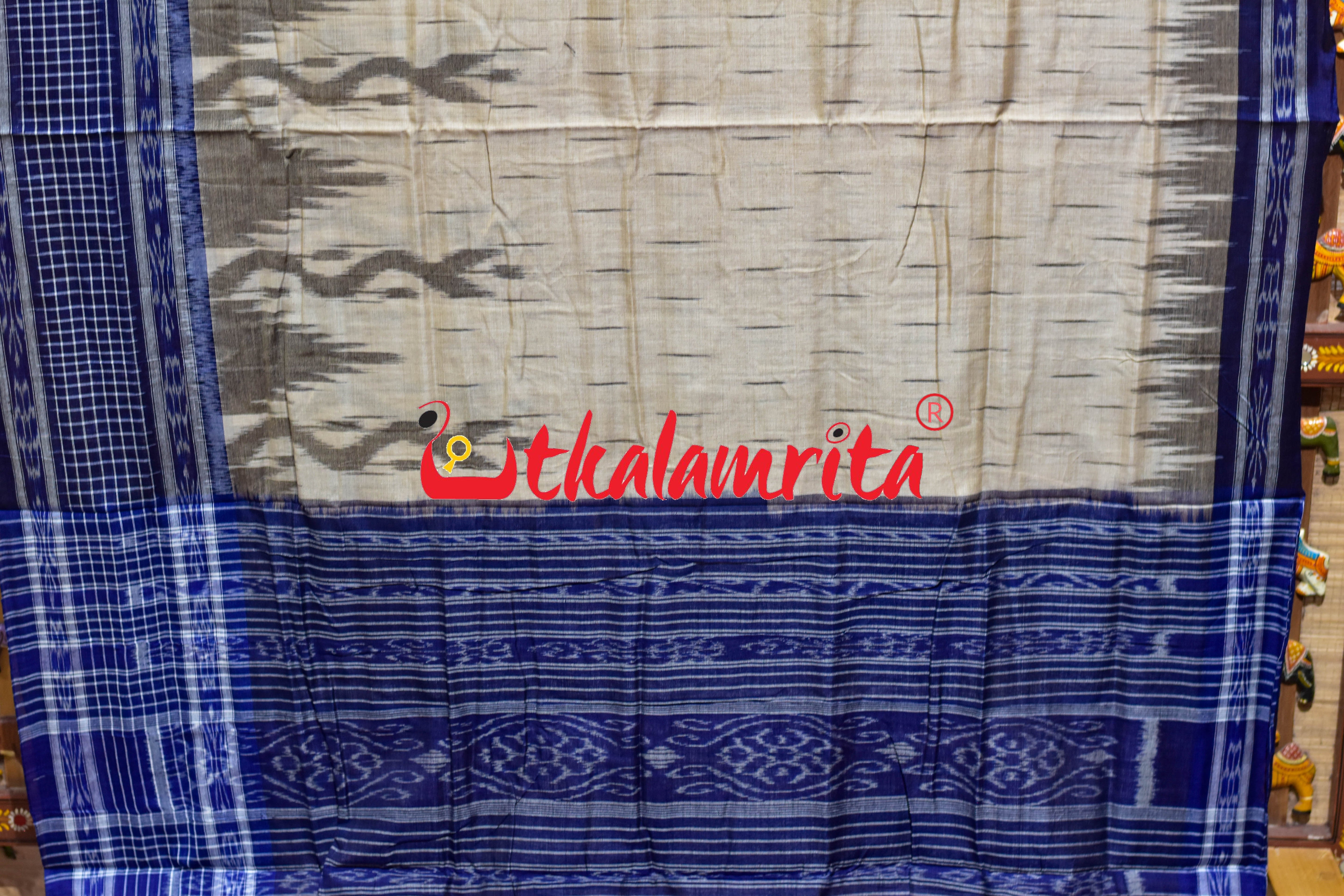 Off White Blue Check Daali Scot Khandua Cotton Saree