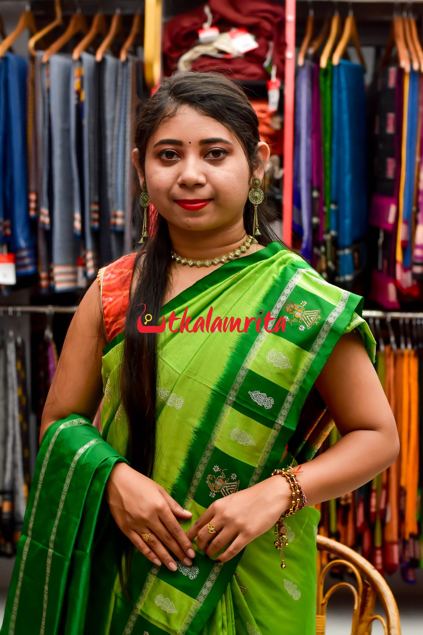 Light Neon Green Dhadi Doll Bomkai Silk Saree