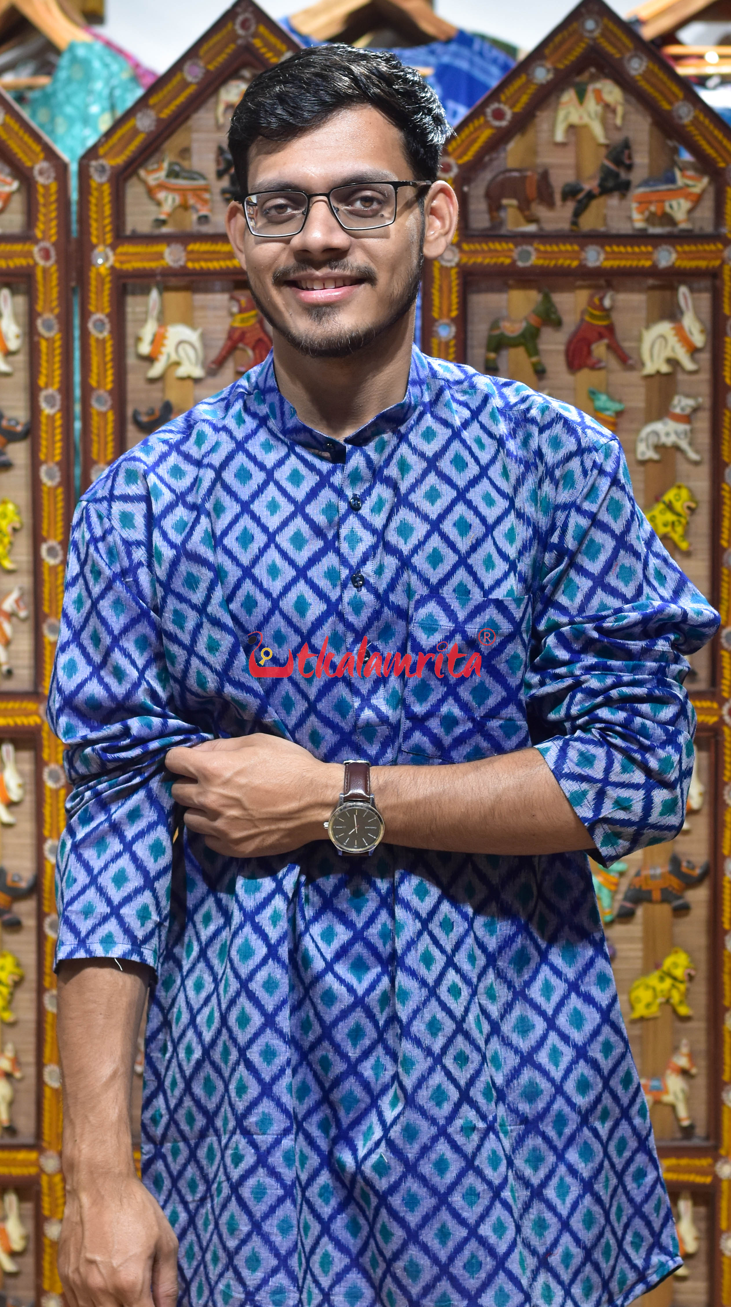 Grey Thikiri Over Blue (Men's Short Kurta)