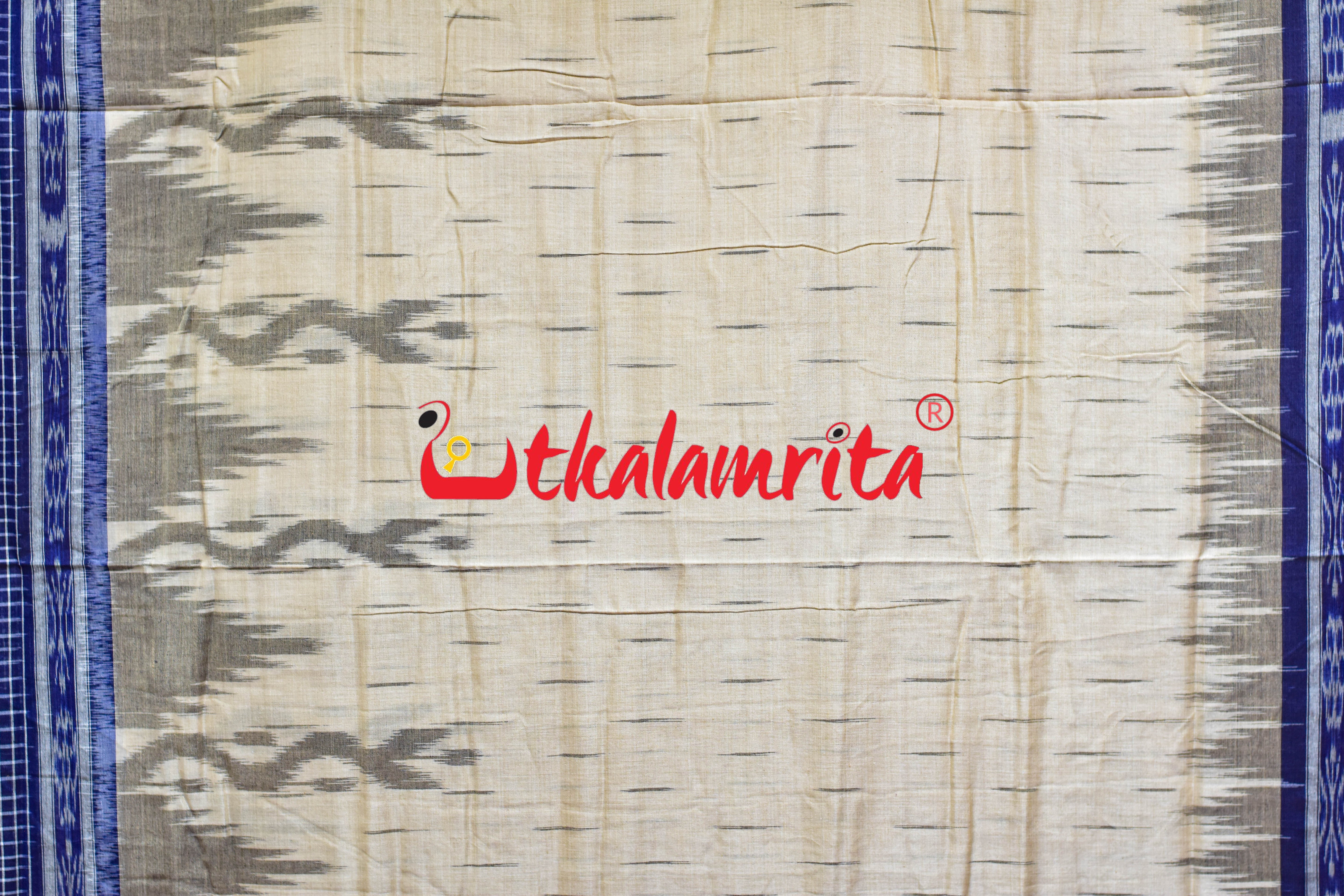Off White Blue Check Daali Scot Khandua Cotton Saree