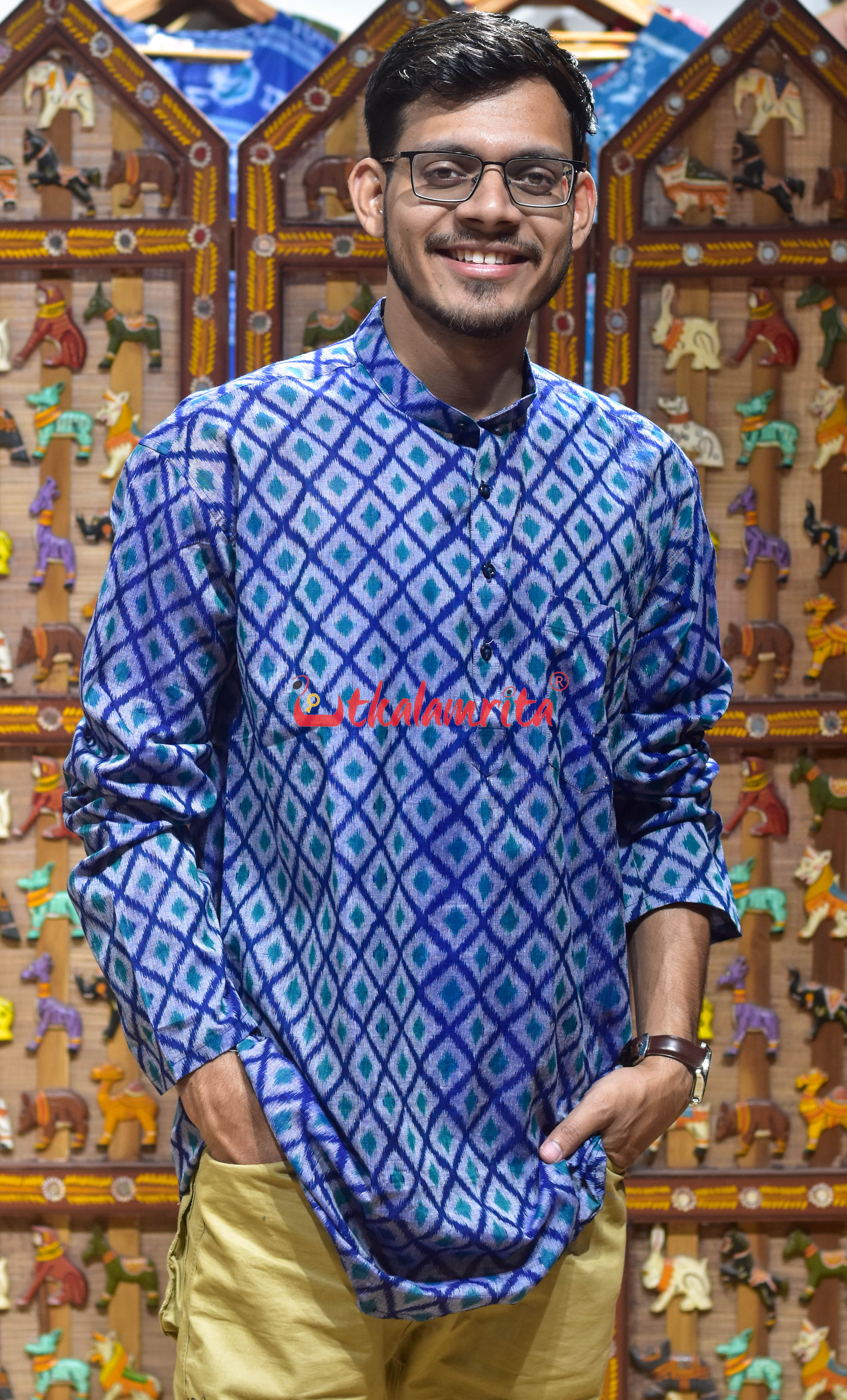 Grey Thikiri Over Blue (Men's Short Kurta)