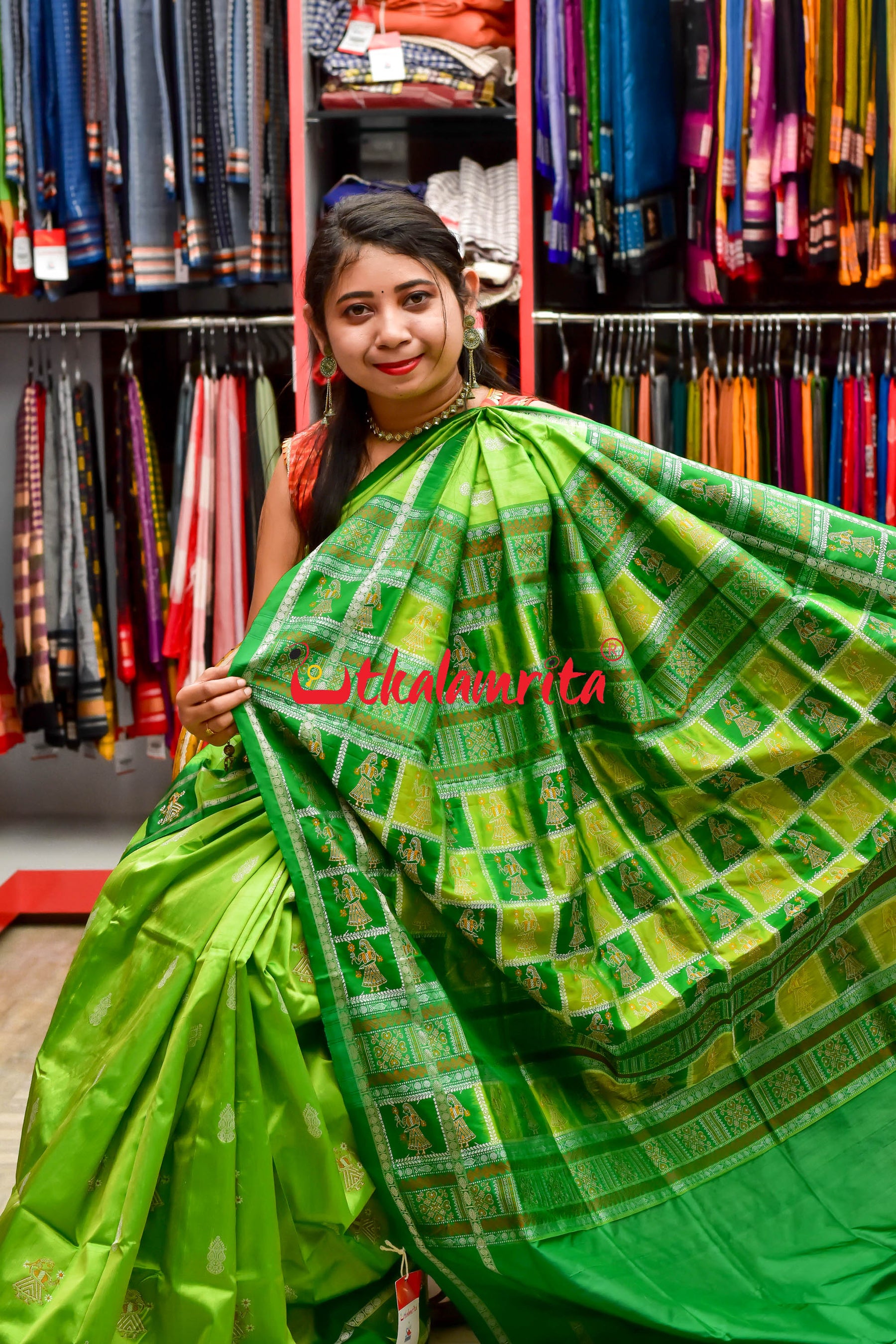 Light Neon Green Dhadi Doll Bomkai Silk Saree