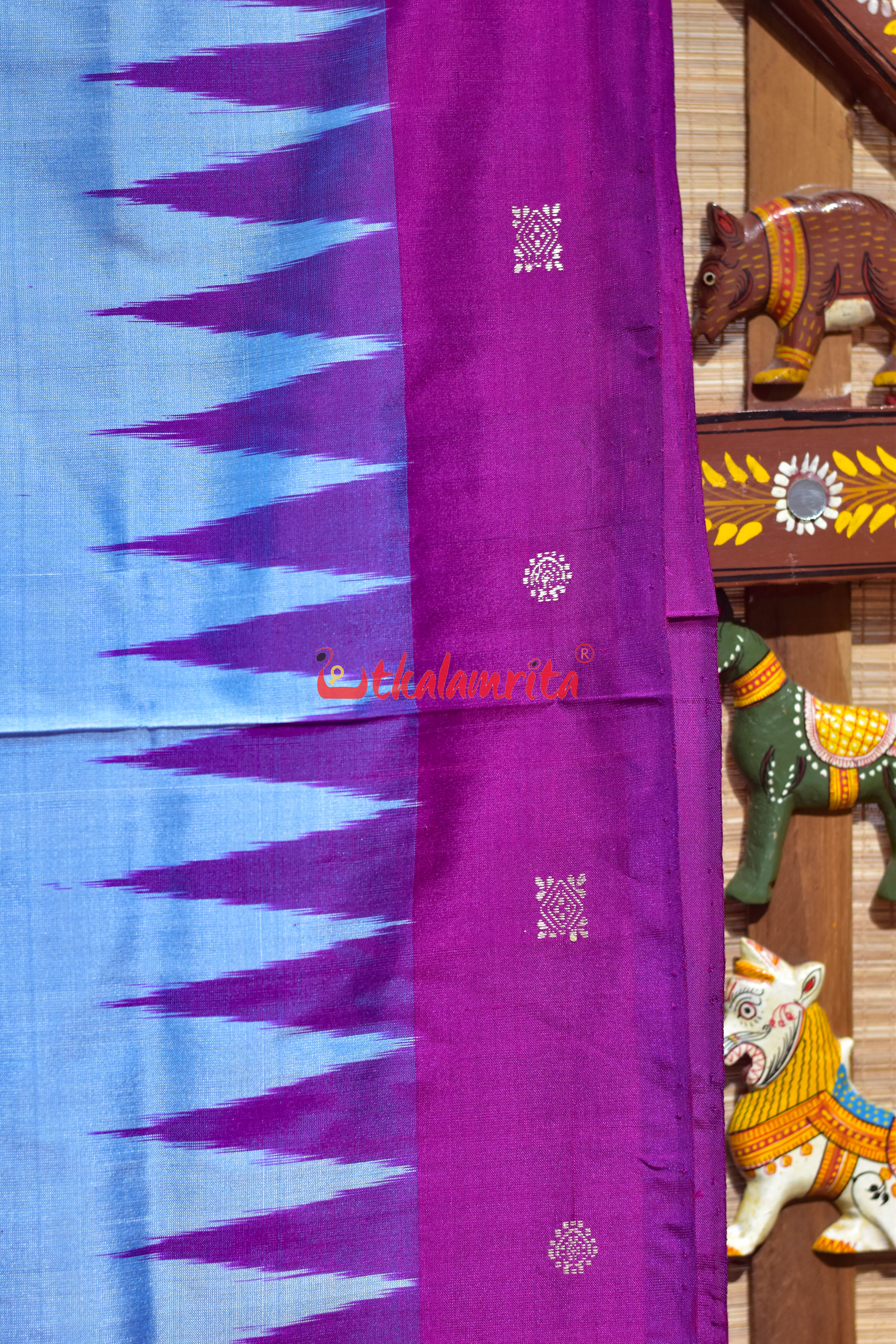 Sky Blue Flower Border Bomkai Silk Saree