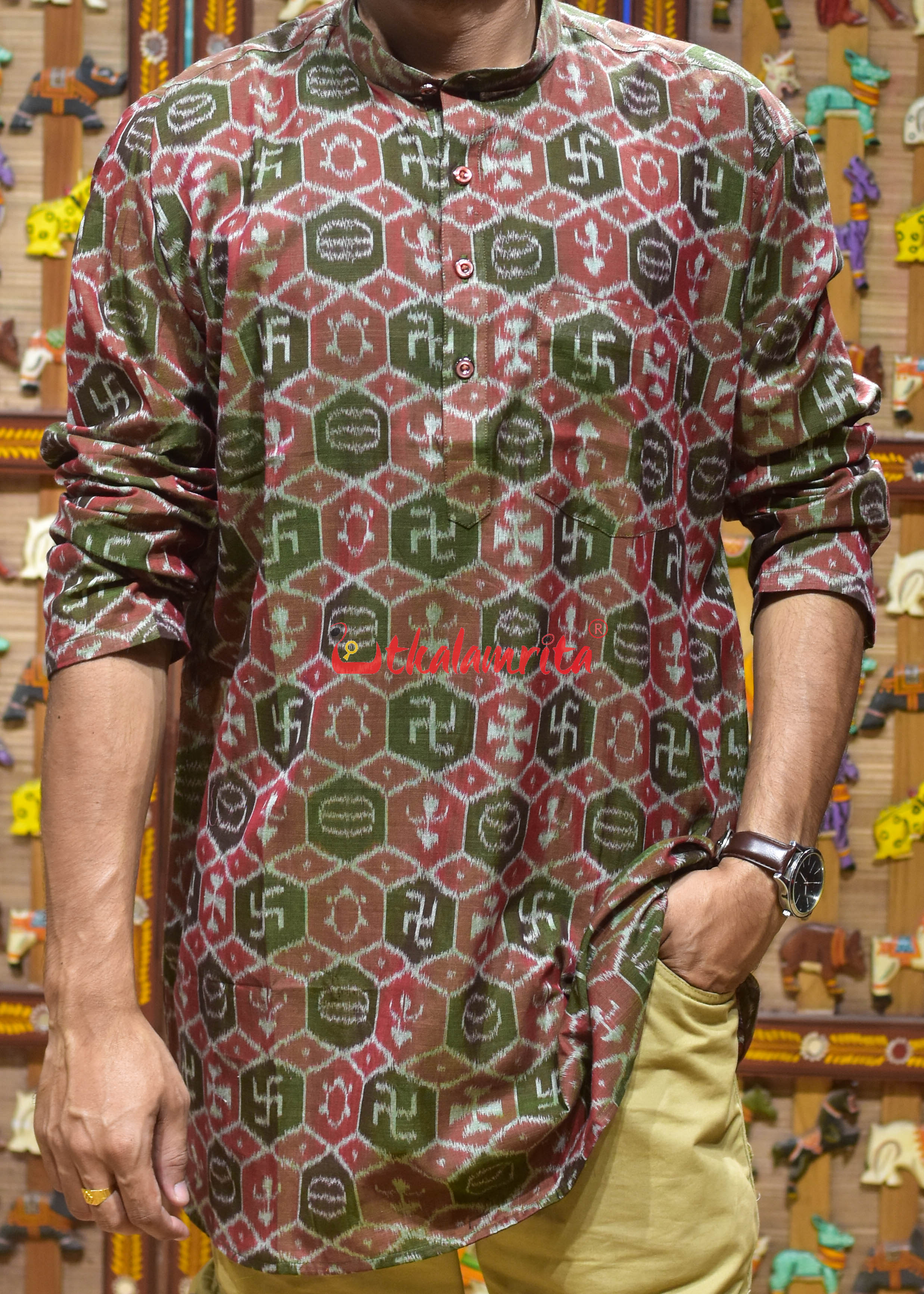 Green Red Swastik (Men's Short Kurta)