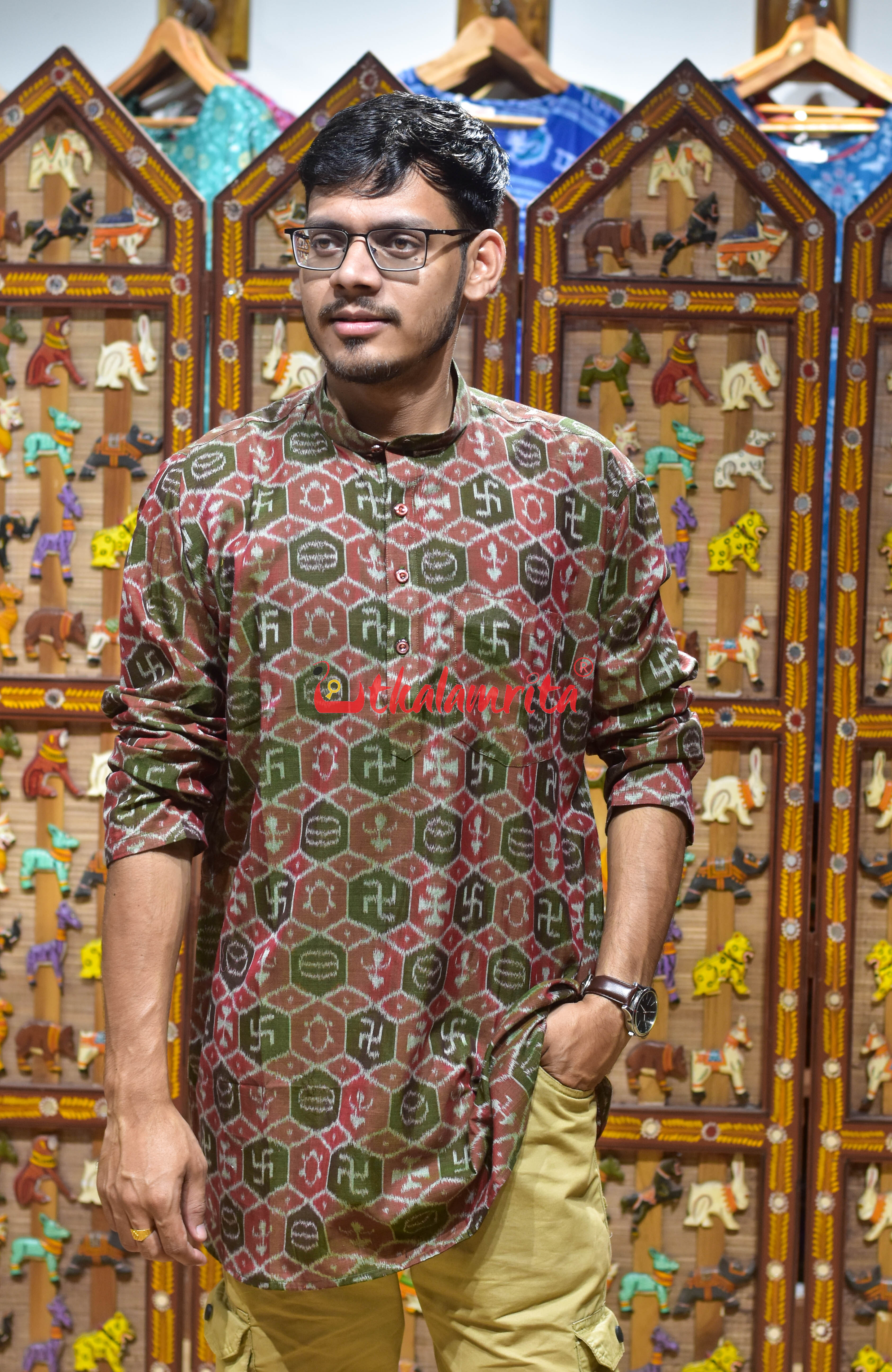 Green Red Swastik (Men's Short Kurta)