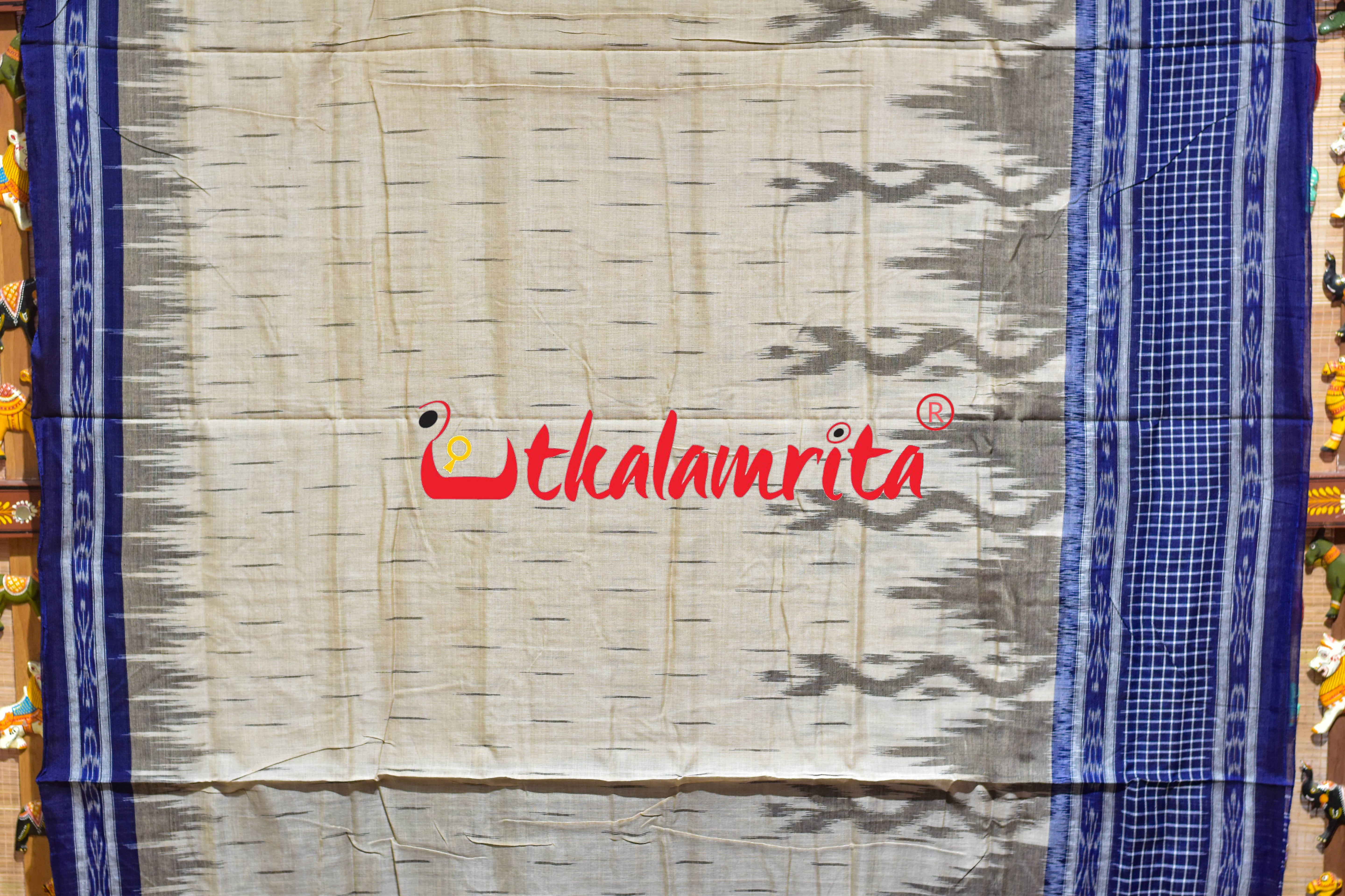 Off White Blue Check Daali Scot Khandua Cotton Saree