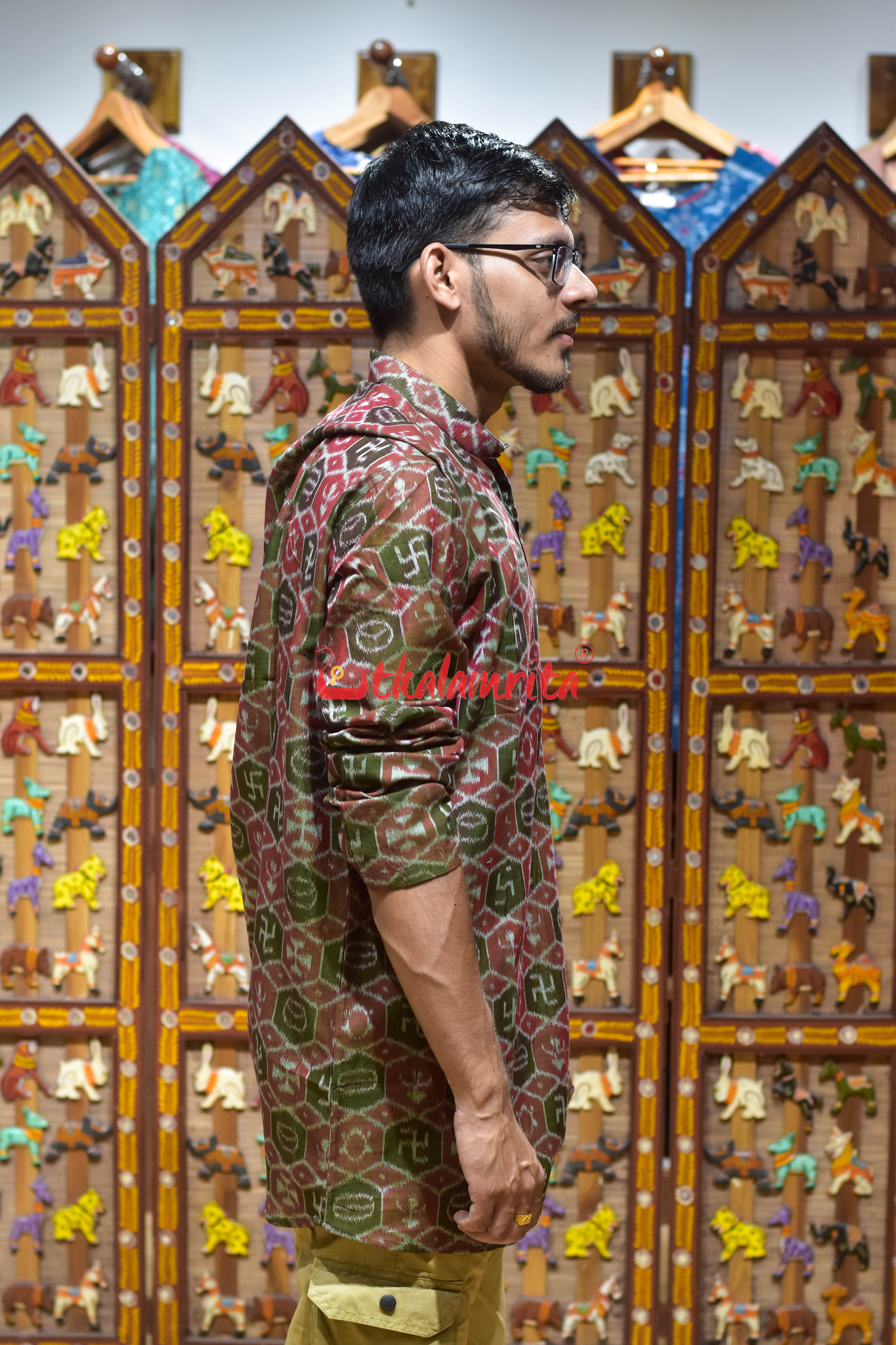 Green Red Swastik (Men's Short Kurta)