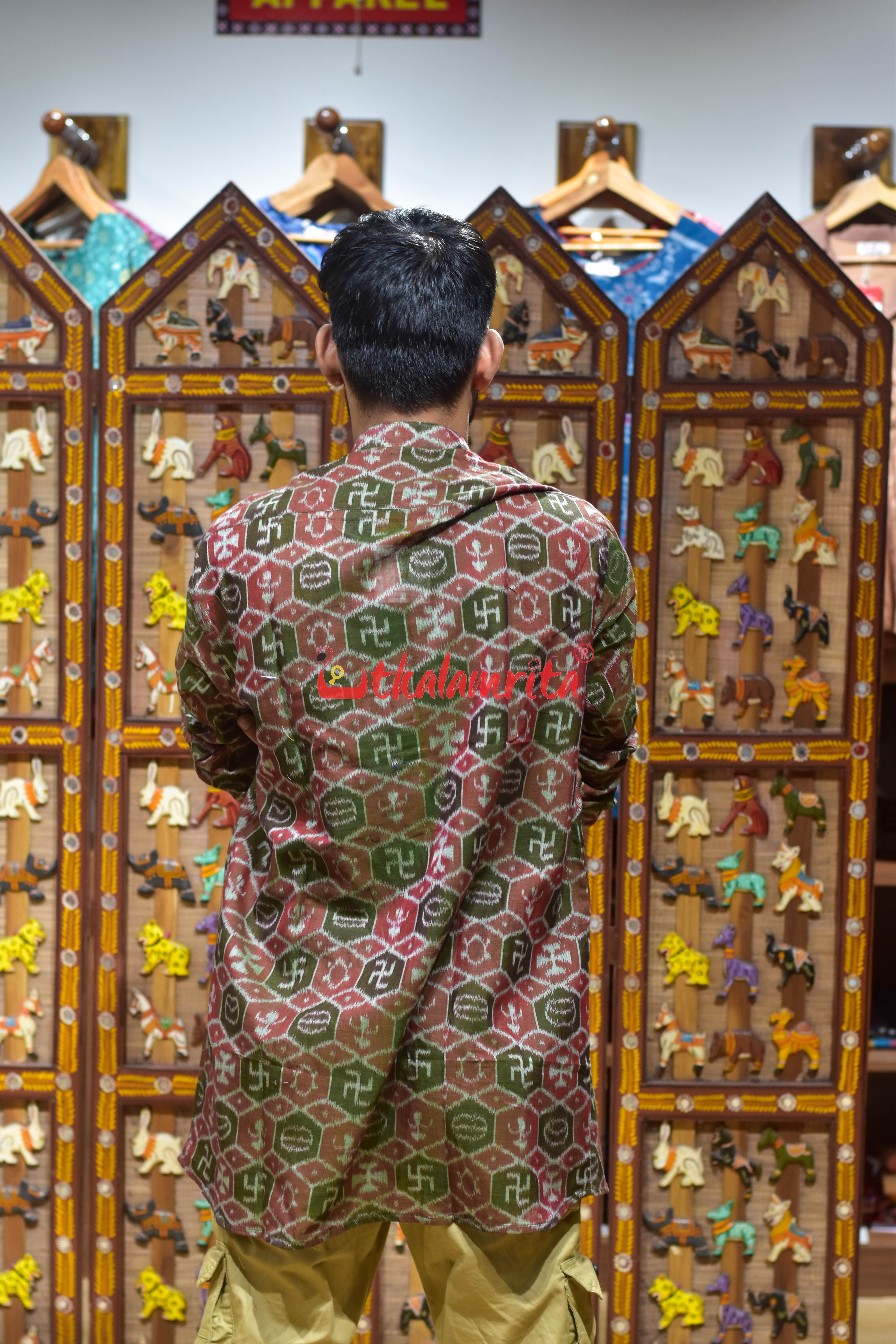 Green Red Swastik (Men's Short Kurta)